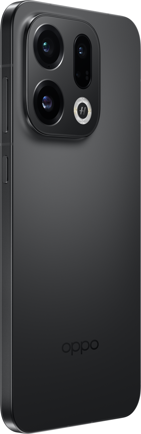 Un teléfono inteligente negro muestra la matriz de la cámara en la parte superior trasera. El logo de Oppo está abajo.