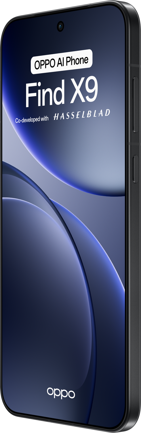 La imagen muestra un teléfono Oppo Find X9 con un fondo degradado azul oscuro. Tiene el logotipo de Hasselblad.