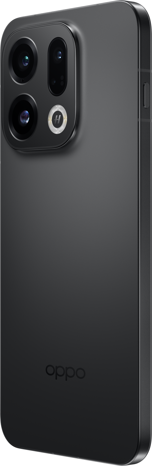 Parte trasera de smartphone negro con módulo de cámara. Logotipo de Oppo. Fondo gris. Botón encendido.