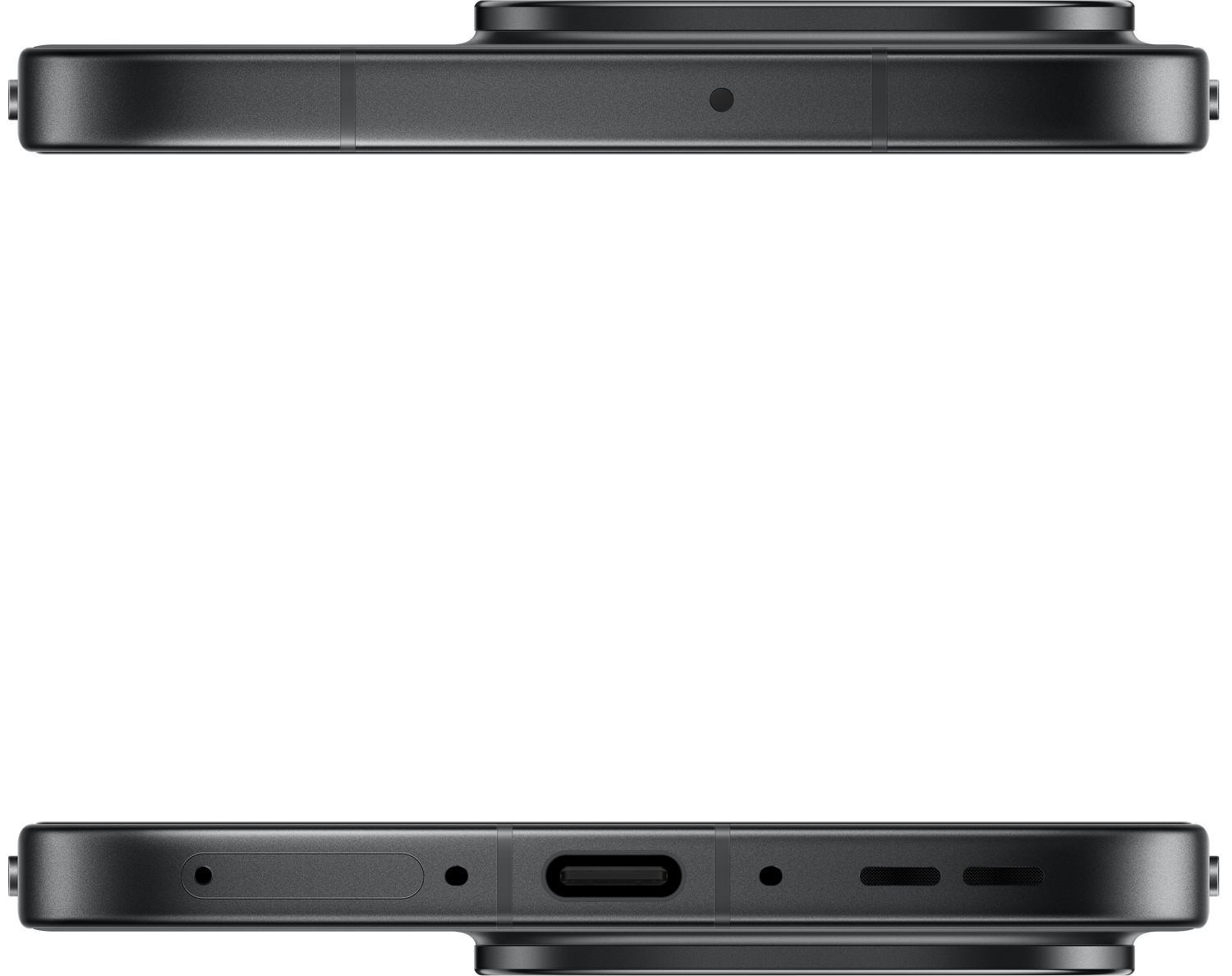 Primer plano de la parte superior e inferior de un teléfono gris oscuro. La parte superior tiene una protuberancia de la cámara.