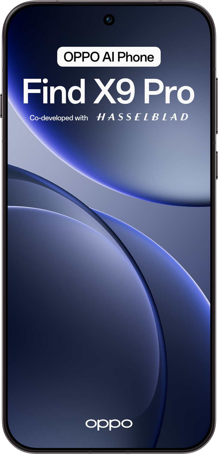 Teléfono Oppo Find X9 Pro con pantalla curva. El teléfono tiene una cámara arriba. El fondo es azul oscuro.