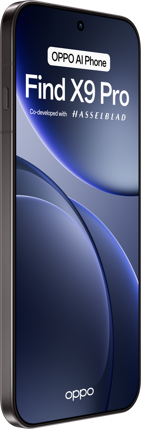 Se muestra un teléfono Oppo Find X9 Pro. La pantalla muestra el nombre del teléfono, co-desarrollado con Hasselblad, sobre fondo azul.