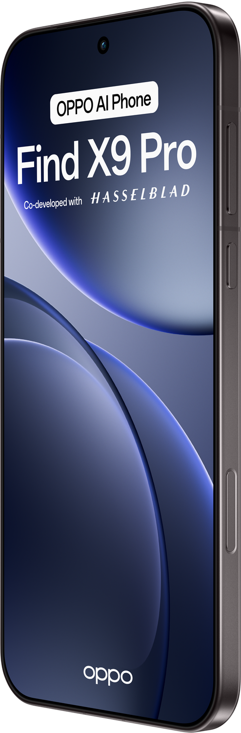 Un smartphone muestra 'Find X9 Pro' con 'OPPO AI Phone' y 'co-developed with Hasselblad'. Carcasa gris con botones de volumen.