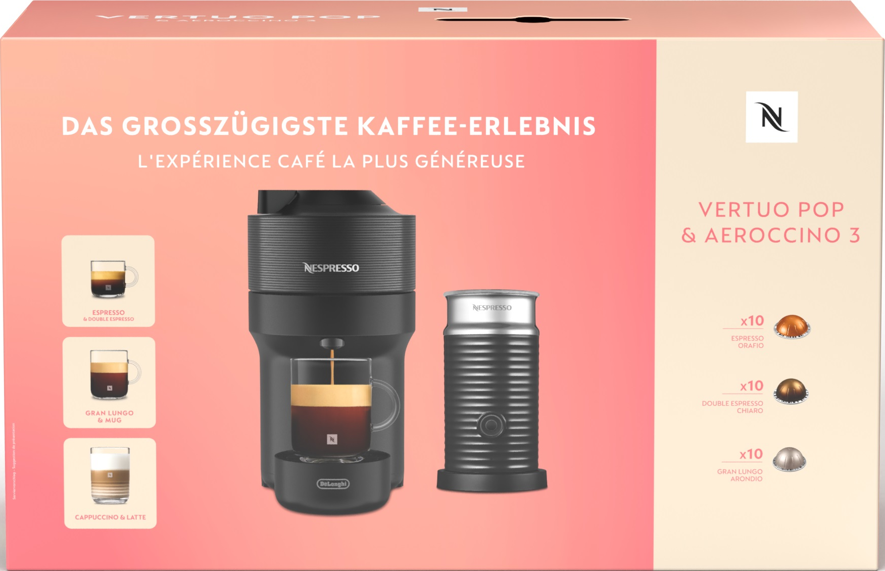 Macchina Nespresso Vertuo Pop, Aeroccino 3, capsule di caffè e illustrazioni di tazze da caffè su una scatola rosa e bianca.