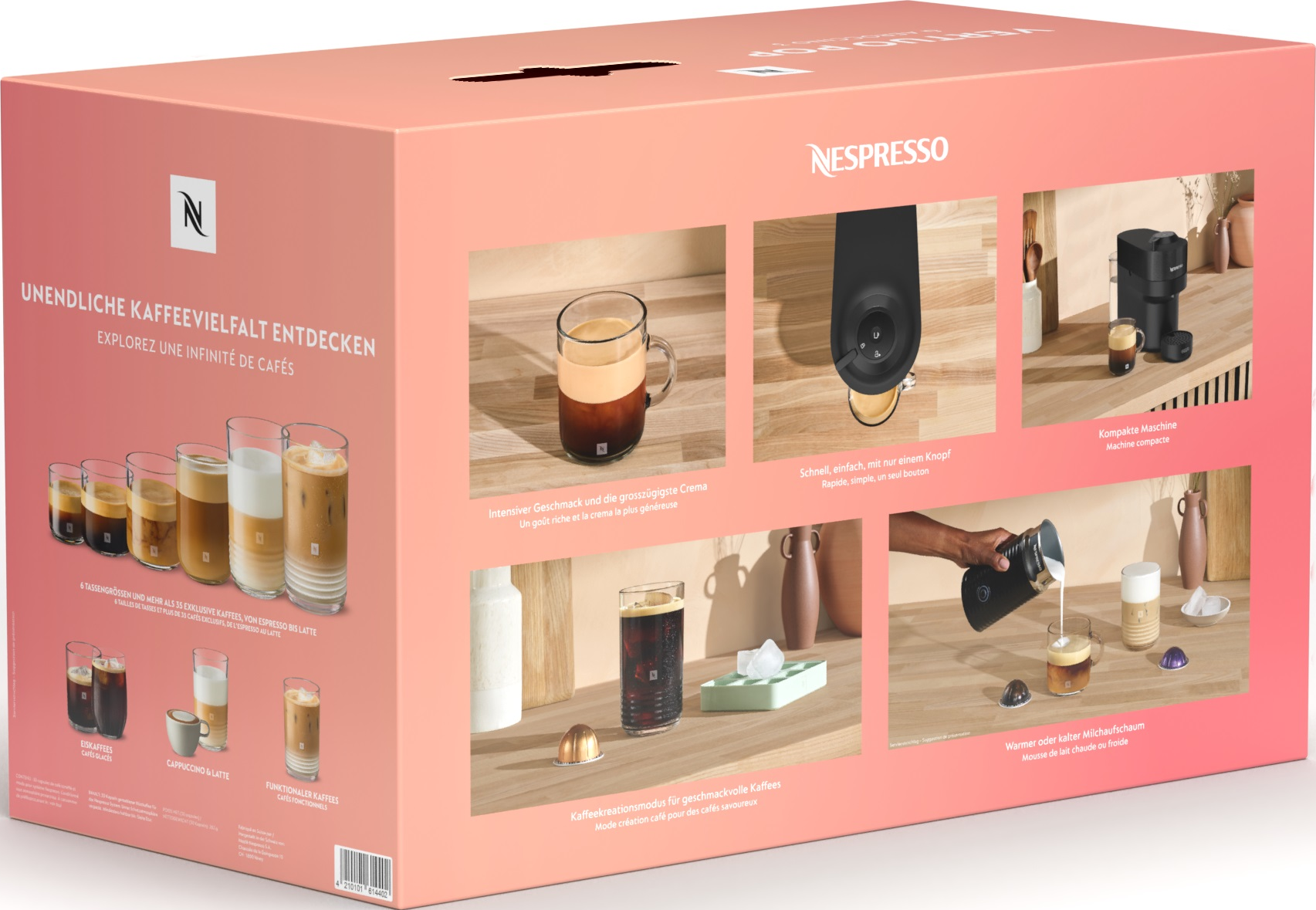 Scatola Nespresso con immagini di caffè: espresso, latte, cappuccino. Macchina nera, tazza di vetro, cubetti di ghiaccio e montalatte sono visibili.