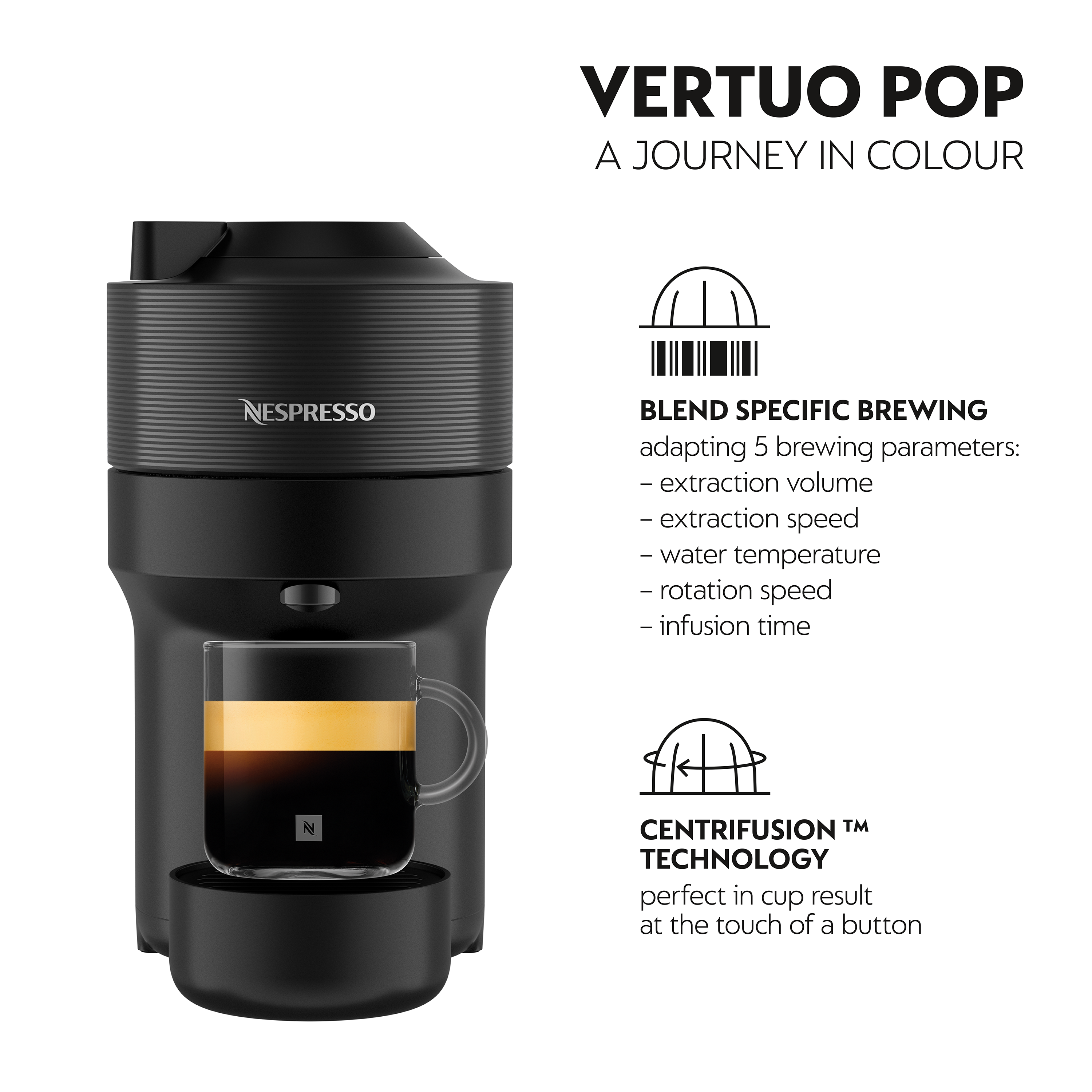Macchina Nespresso Vertuo Pop nera con tazza di vetro. Il testo descrive la tecnologia di erogazione e le caratteristiche.