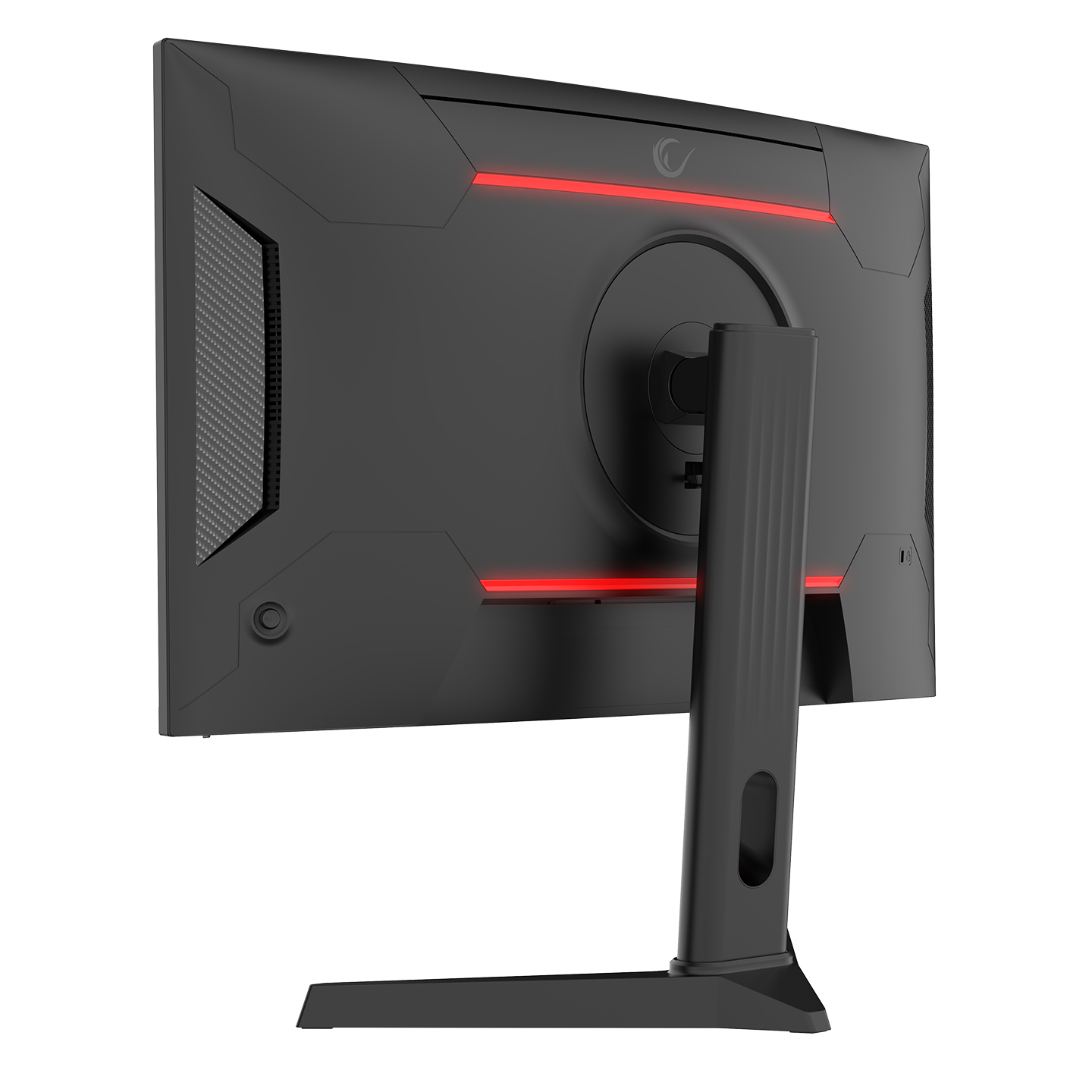 Kırmızı vurgulu ışıklara sahip siyah bilgisayar monitörü arkası. Stand siyahtır ve monitör sola doğru eğimlidir.