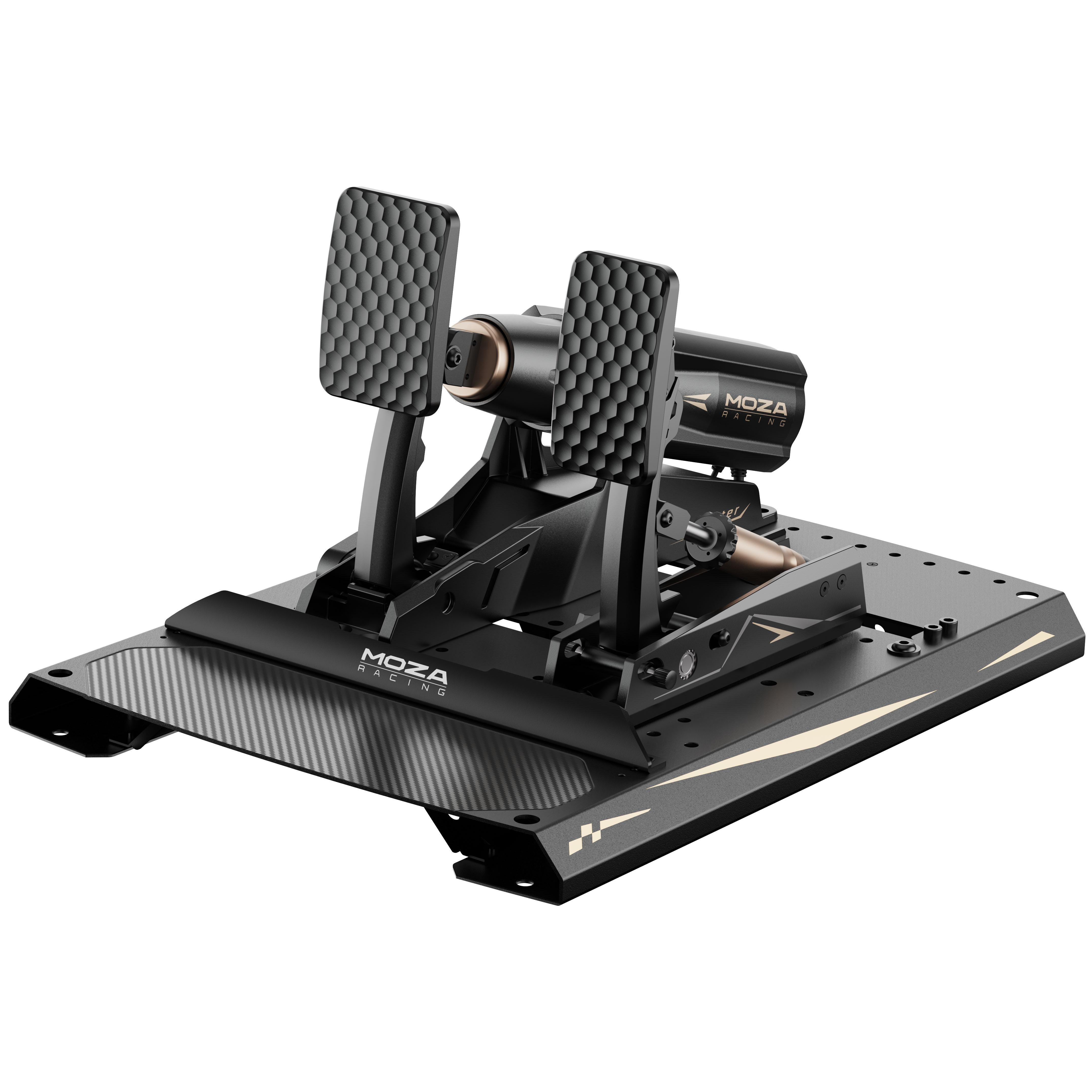 Schwarzes MOZA-Rennpedal-Set. Zwei Pedale mit Wabenstruktur, schwarze Basis mit Kohlefaser und MOZA Racing-Logo.