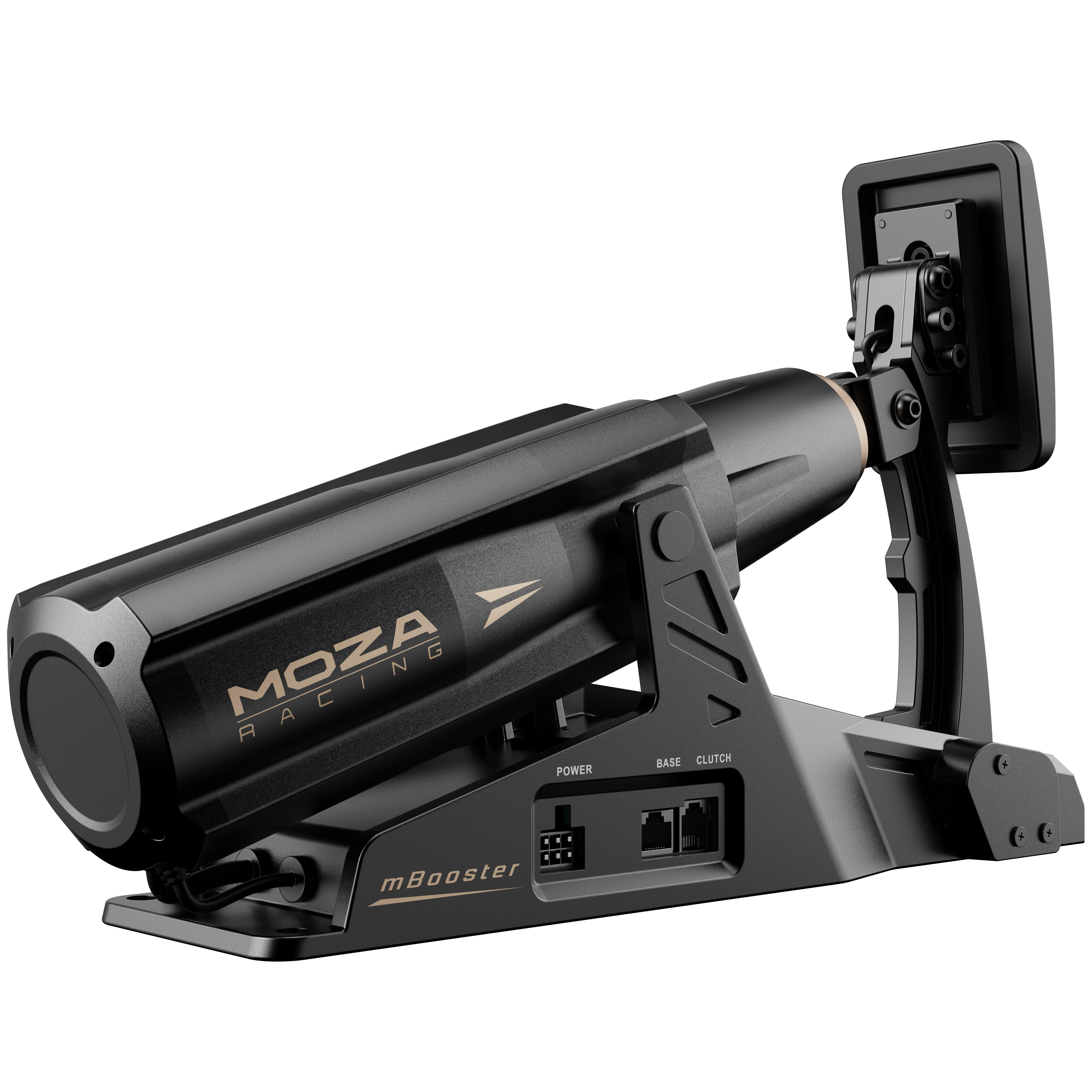 Ein schwarzes MOZA Racing mBooster-Gerät. Es hat einen Bildschirm und verschiedene Anschlüsse mit der Aufschrift Power, Base und Clutch.