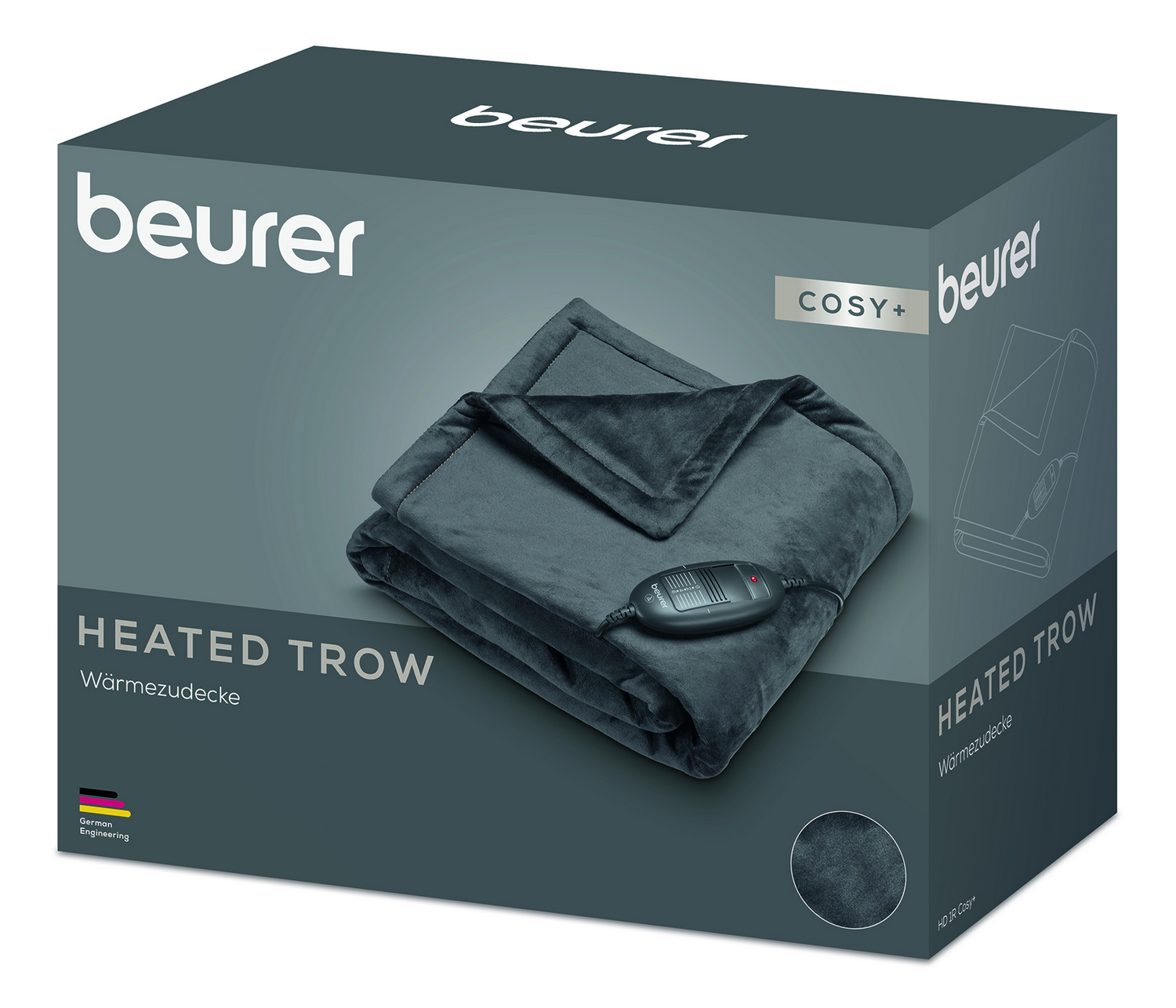 Una caja muestra una manta térmica gris con una unidad de control. La marca es Beurer. Texto: 'Heated Throw' y 'Cosy+'.