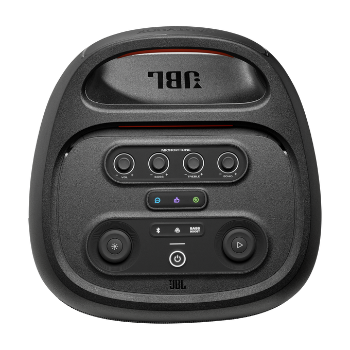 Altavoz JBL Partybox negro. Cuenta con controles de volumen, bajos, agudos, eco y botón de encendido, con el logotipo de JBL abajo.