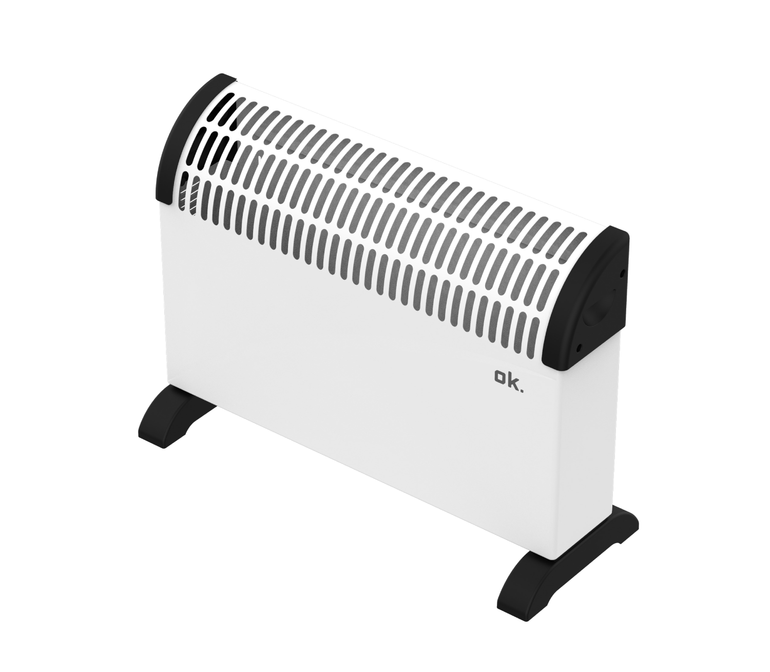 Un calefactor eléctrico blanco con detalles negros, sobre un fondo negro. Tiene una ventilación en la parte superior y está etiquetado como 'ok'.