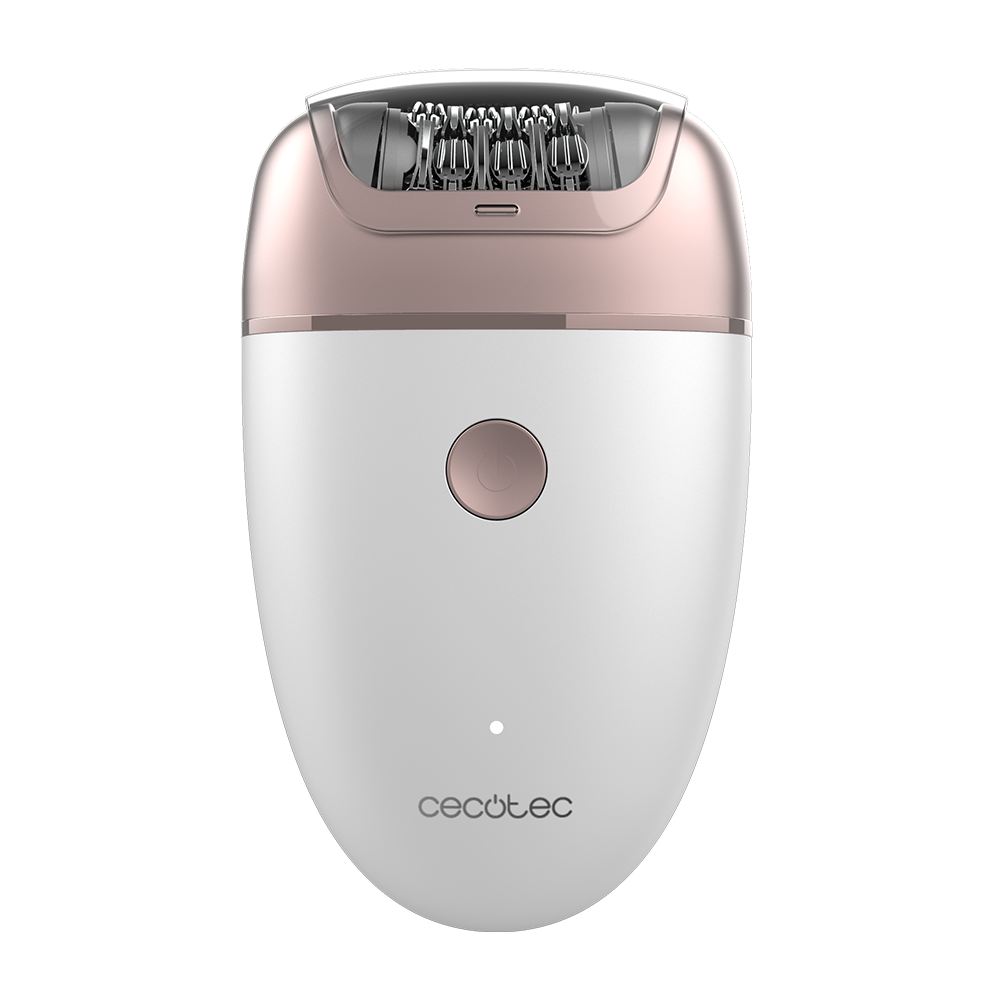Una depiladora blanca con parte superior y botón en oro rosa. Tiene cuchillas de metal plateado y la marca 'cecotec' abajo.