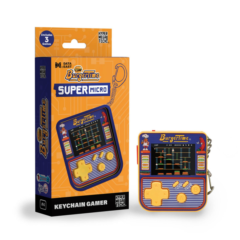 Se muestra un juego de llavero BurgerTime portátil y su caja. El juego es amarillo y azul con una pequeña pantalla y botones. La caja es naranja.