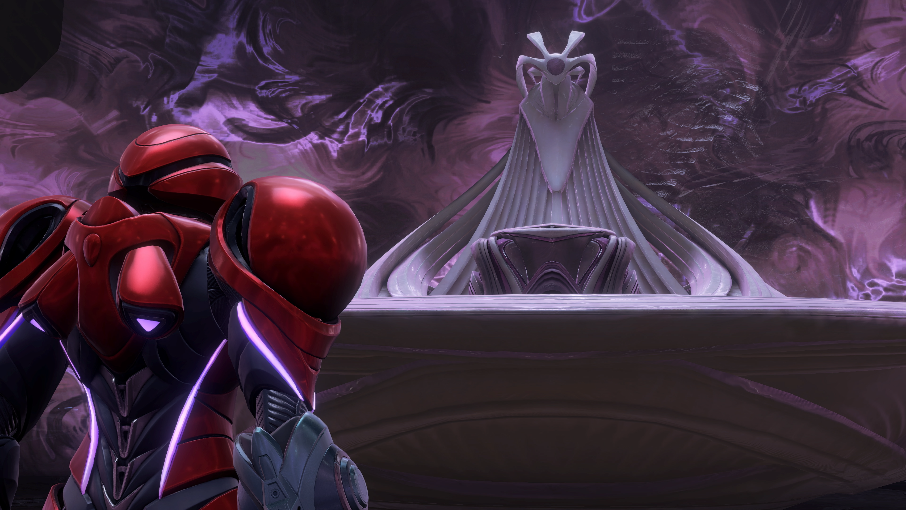 Una figura con armadura roja se encuentra frente a una estructura blanca y ornamentada. El fondo es un remolino púrpura, dando una sensación misteriosa.