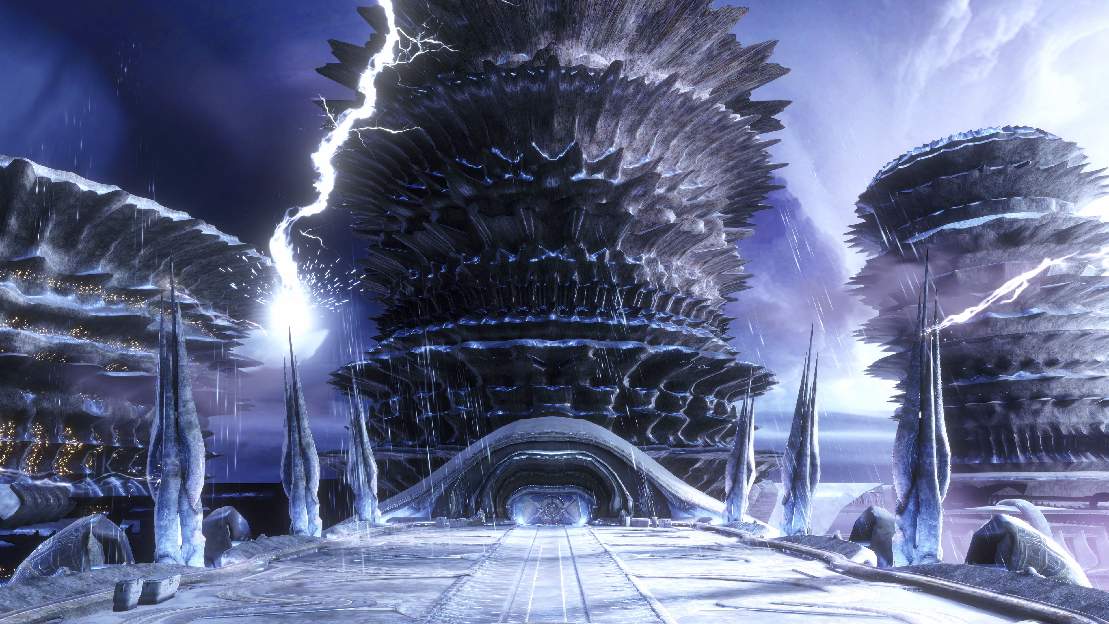 Una ciudad futurista con grandes estructuras puntiagudas, relámpagos y un camino que conduce a una entrada brillante. El cielo es oscuro y tormentoso.