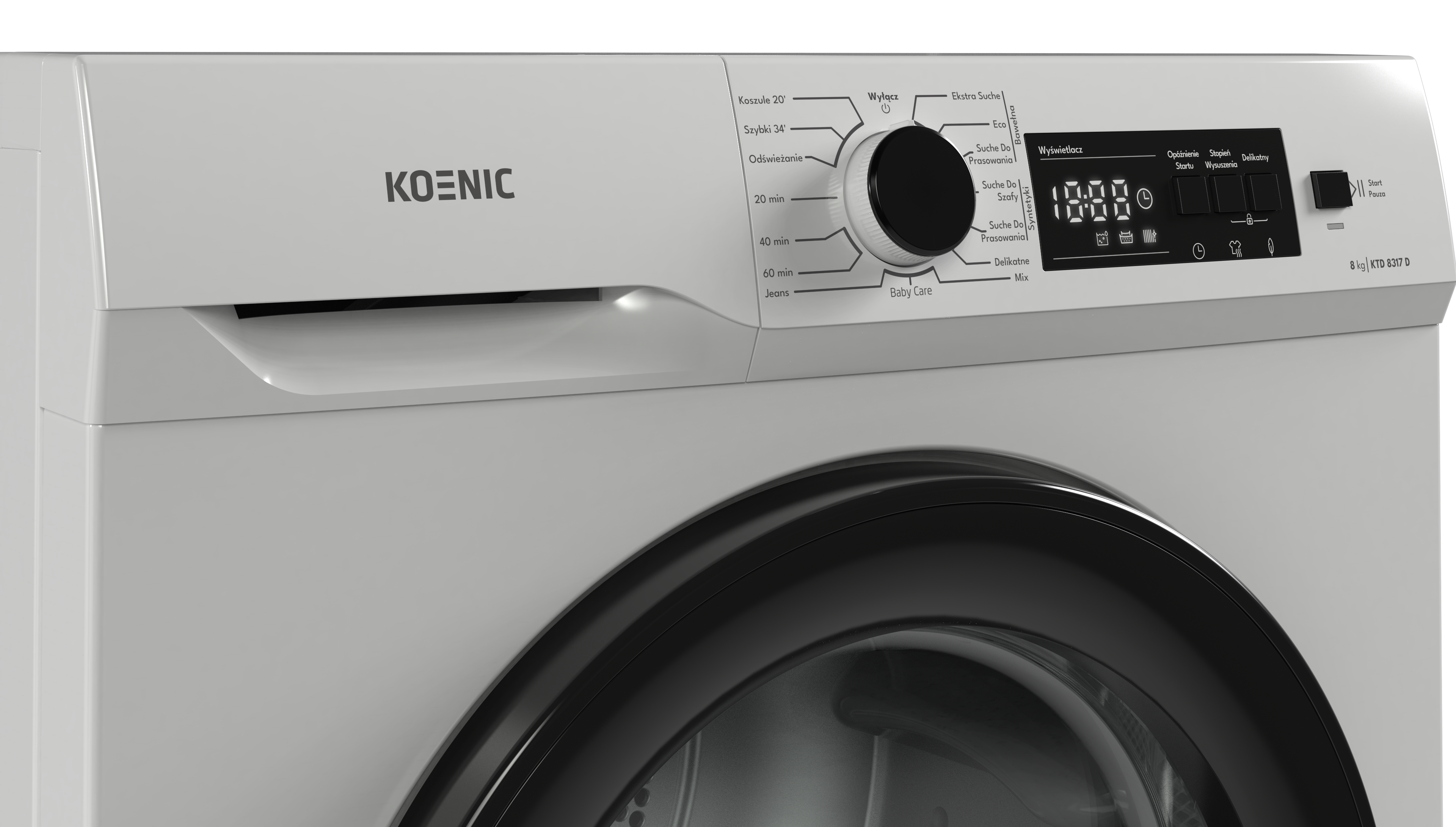Biała pralka Koenic. Ma czarne drzwi i panel sterowania z pokrętłem i wyświetlaczem.
