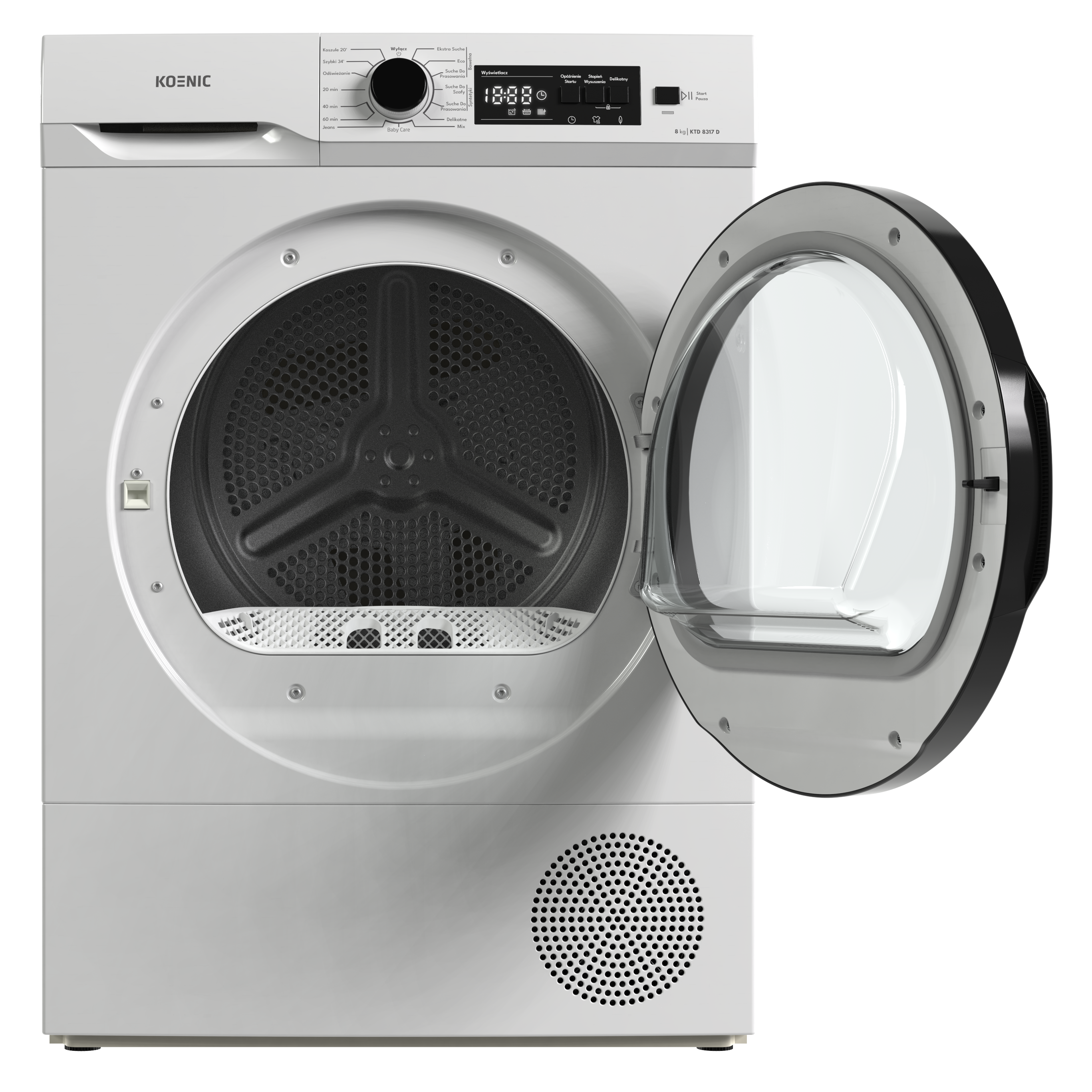 Biała suszarka z otwartymi drzwiami. Wewnątrz bębna znajduje się czarna perforowana płyta.