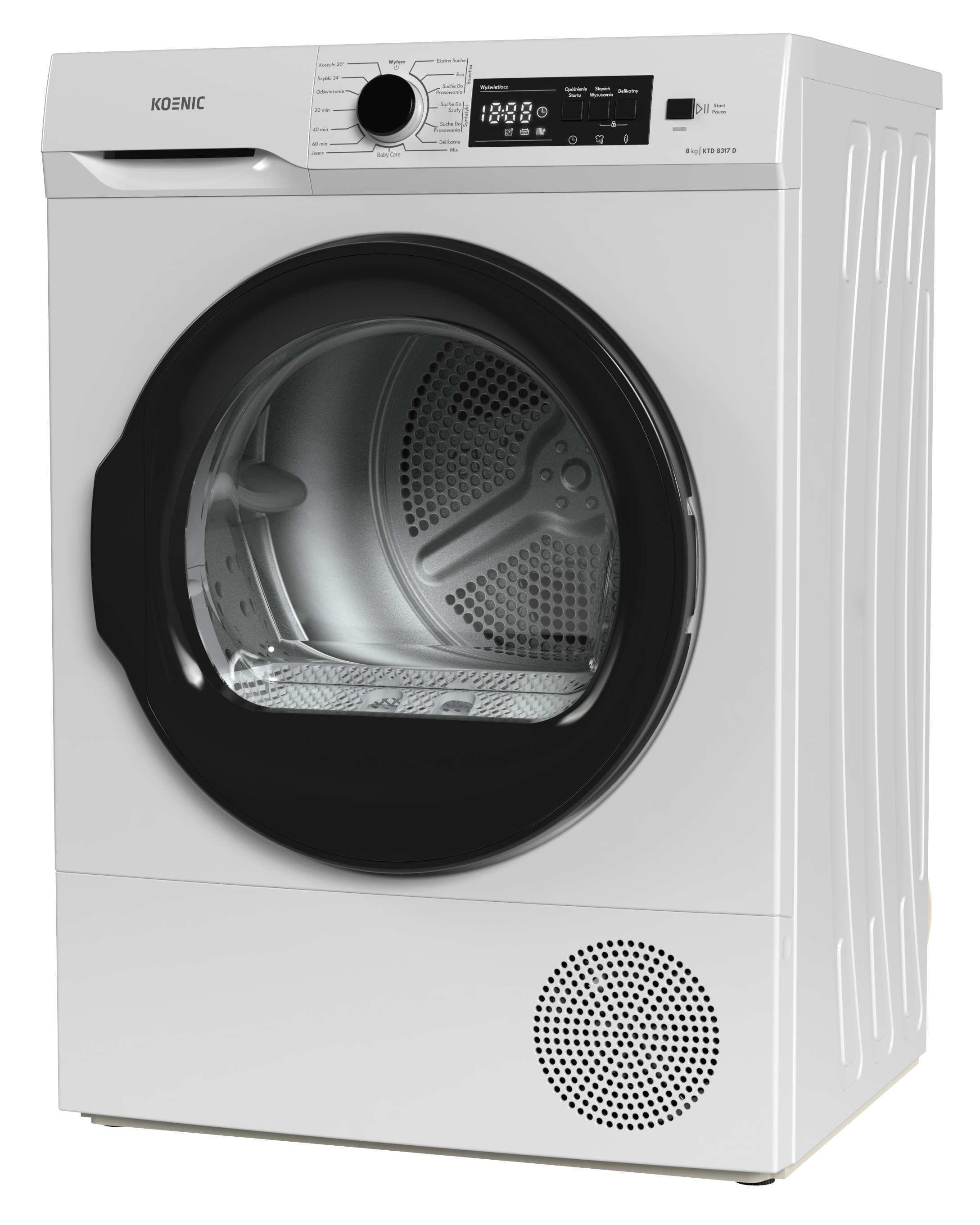 Biała suszarka Koenic z czarnymi drzwiami i panelem sterowania z ustawieniami i timerem.