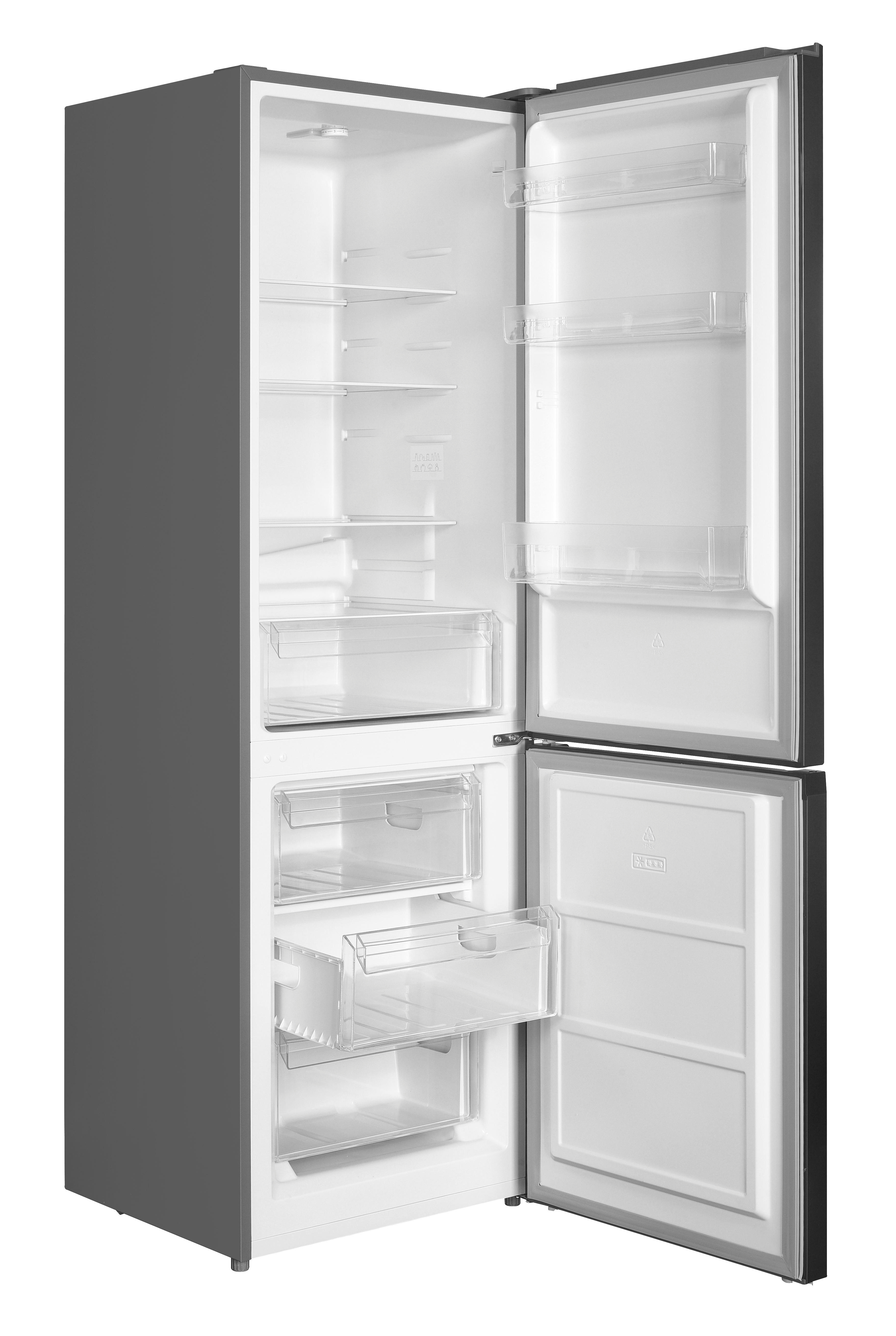 Offener grauer Kühlschrank mit weißem Innenraum. Regale, Schubladen und Türfächer sind sichtbar.