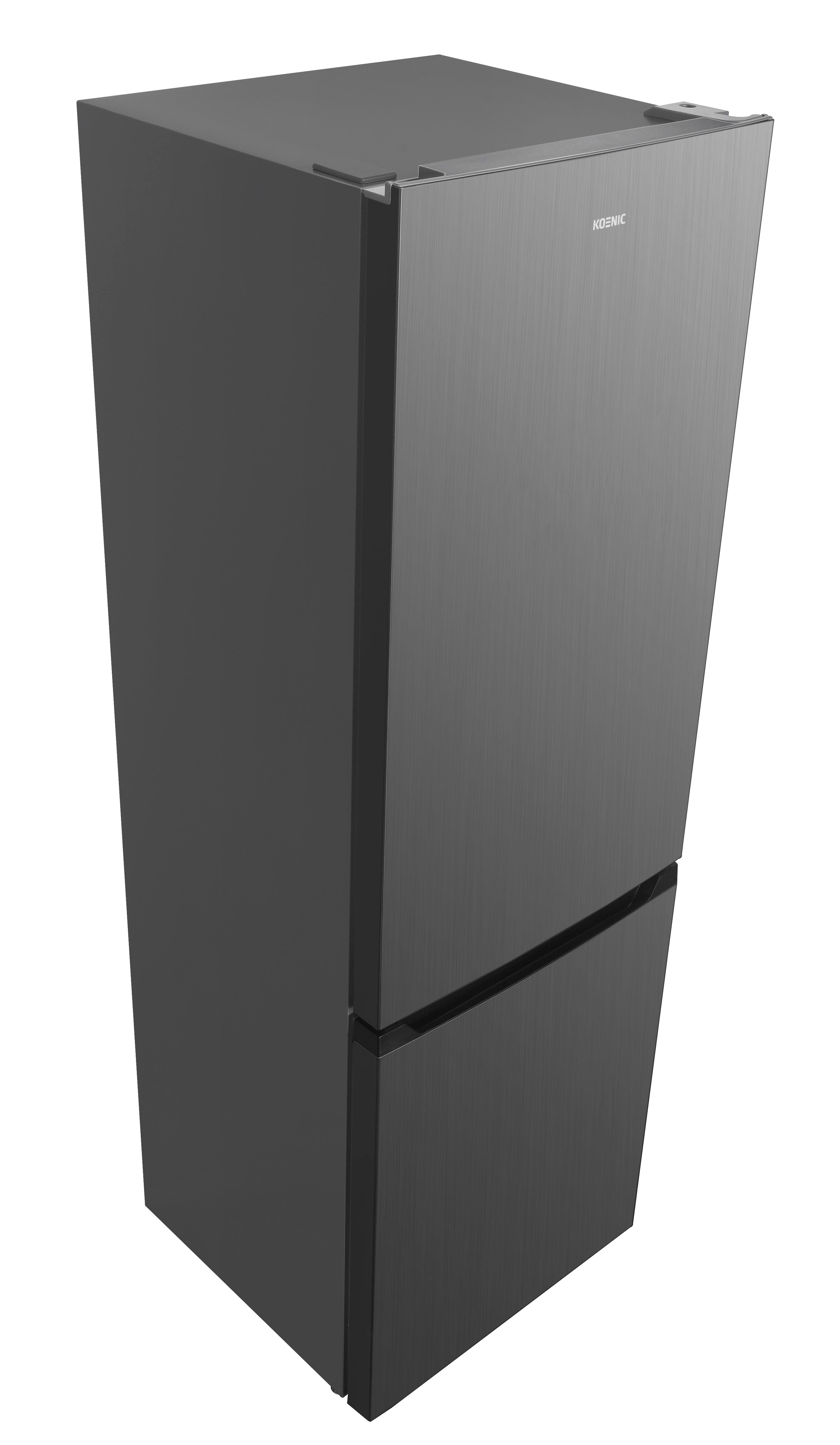 Ein dunkelgrauer Koenic-Kühlschrank. Der Kühlschrank hat eine obere Tür und eine untere Schublade, mit gebürsteter Metalloberfläche und weißem Hintergrund.