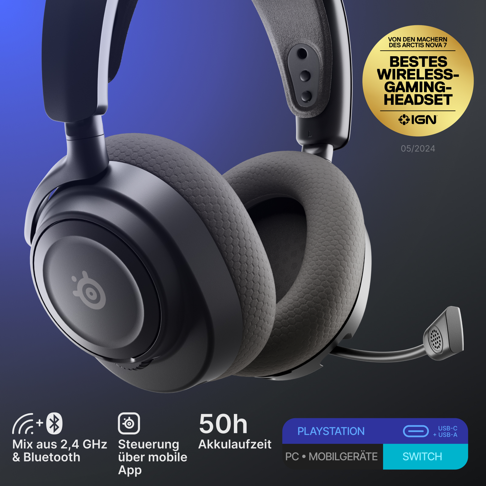 Schwarzes Gaming-Headset mit grauen Ohrmuscheln, Mikrofon und einem goldenen Abzeichen, das es als bestes Wireless-Gaming-Headset auszeichnet.
