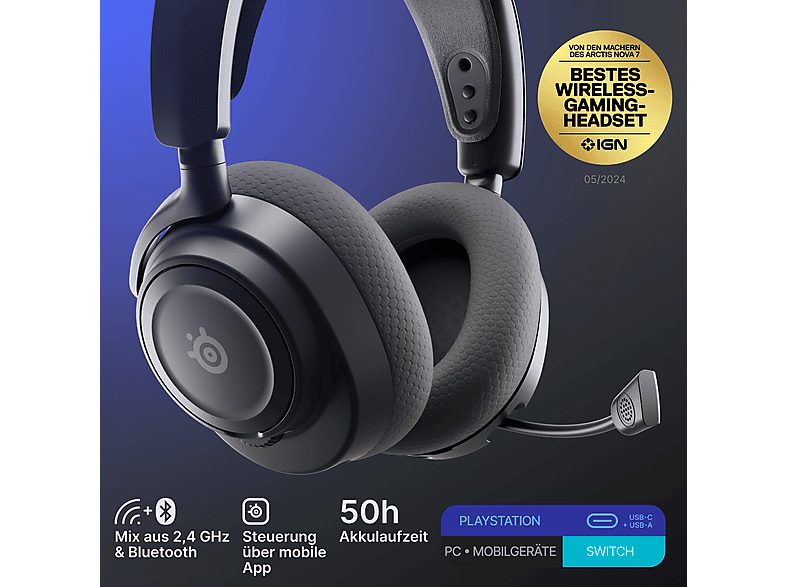 STEELSERIES Artics Nova 7P Gen 2 für Playstation, Schwarz, Over-ear Gaming Headset Bluetooth Schwarz