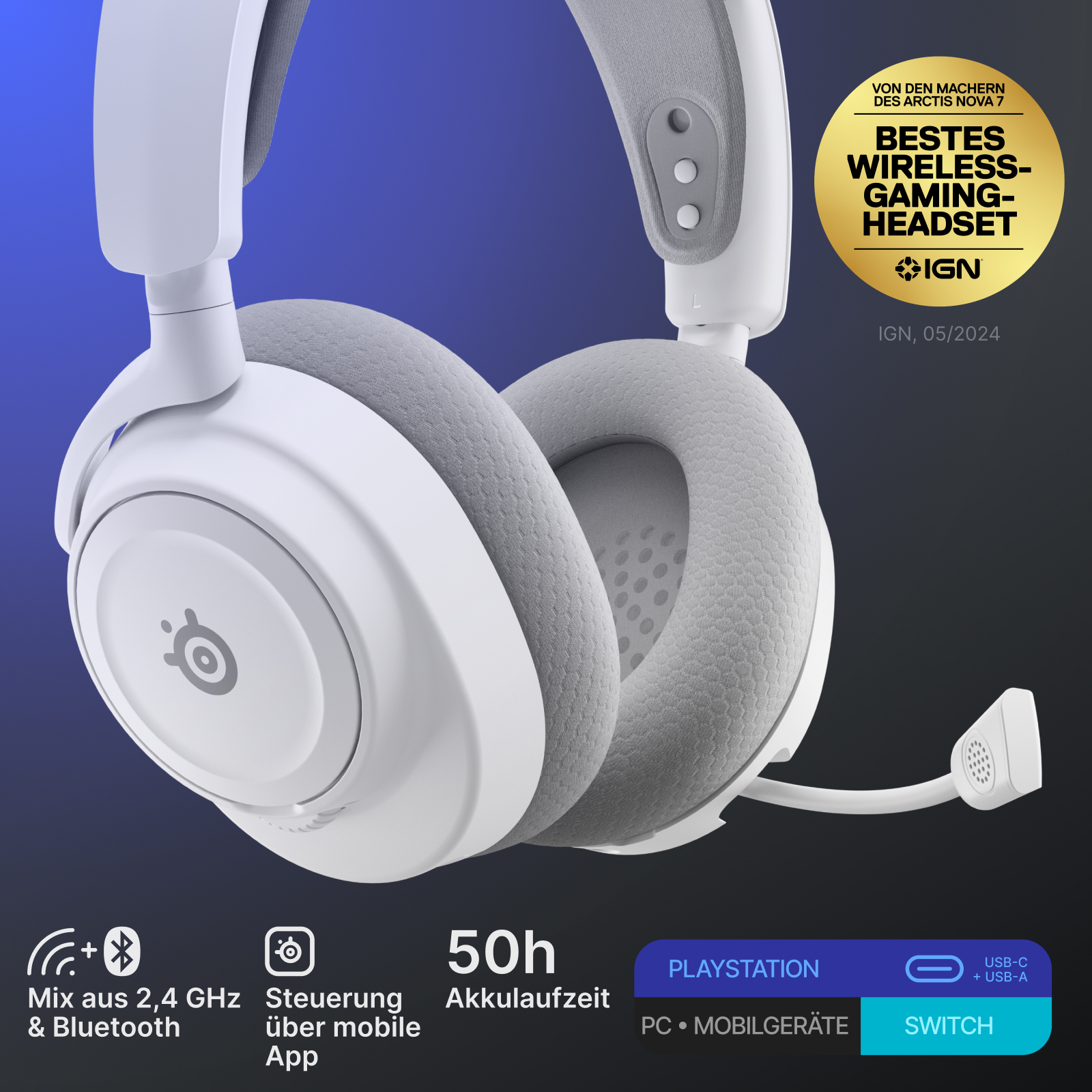 Weißes kabelloses Gaming-Headset, graue Ohrpolster, Mikrofon und ein goldenes Abzeichen mit der Aufschrift 'Bestes Wireless Gaming Headset'.
