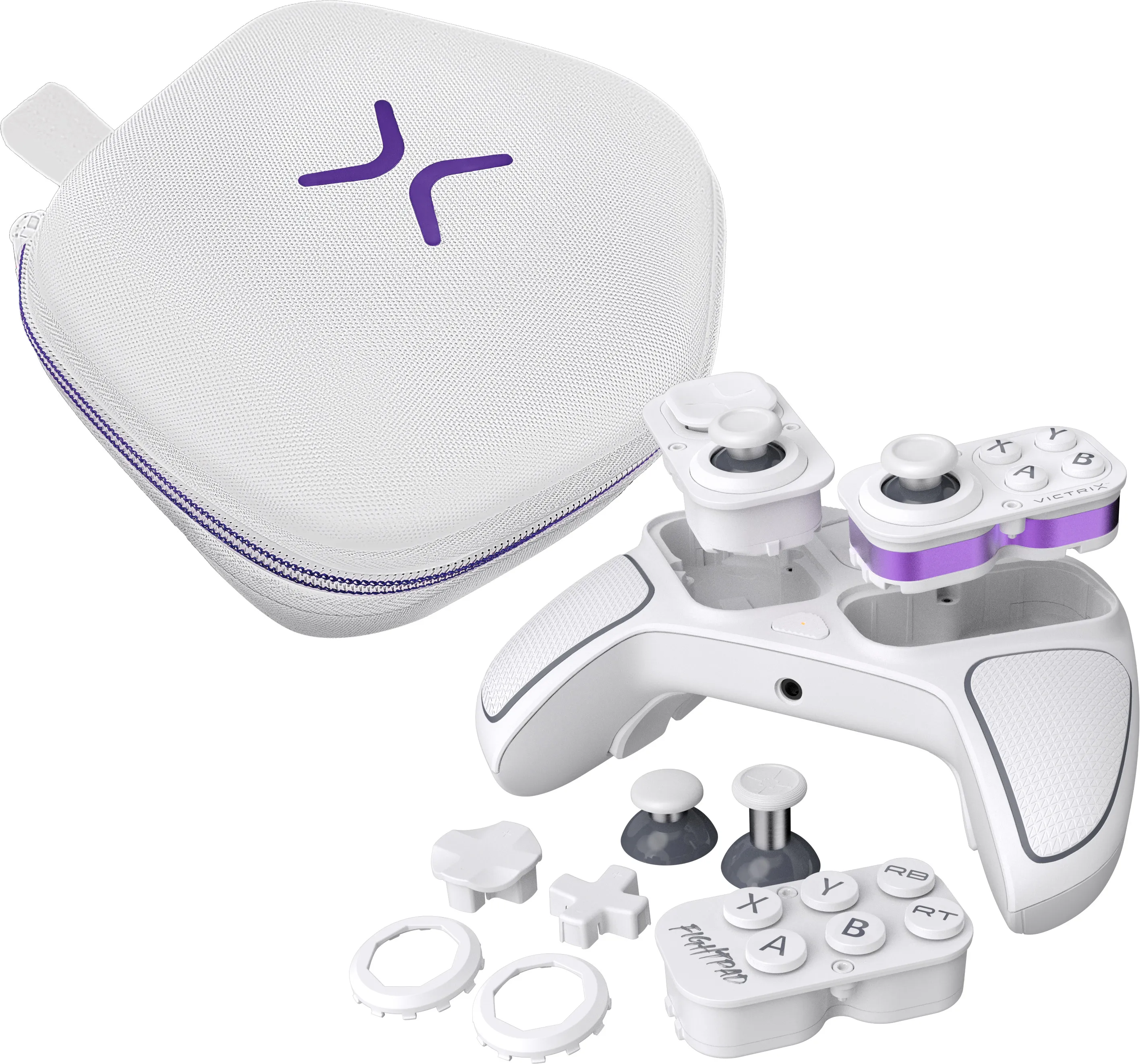 Weißer Fightpad-Controller mit abnehmbaren Teilen und Hülle. Lila Akzente. Tasten mit A, B, X, Y, RB, RT beschriftet.