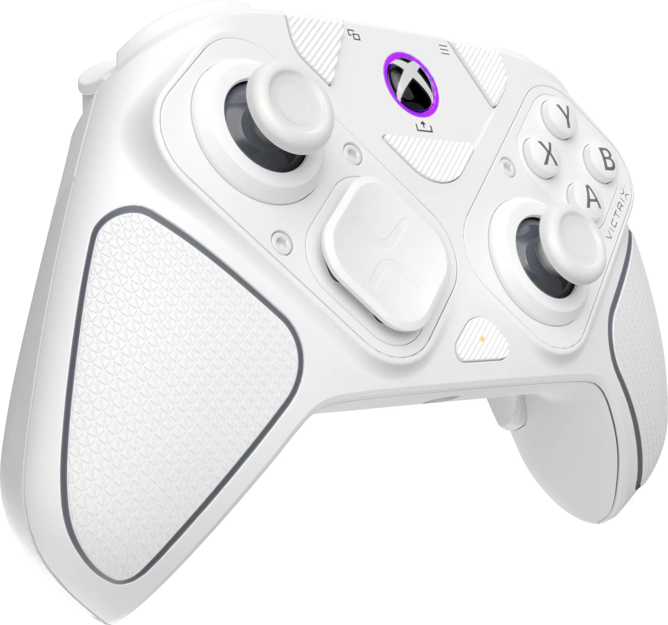 Ein weißer Victrix Xbox-Controller. Er hat Knöpfe, Joysticks und ein Xbox-Logo. Der Controller befindet sich auf weißem Hintergrund.