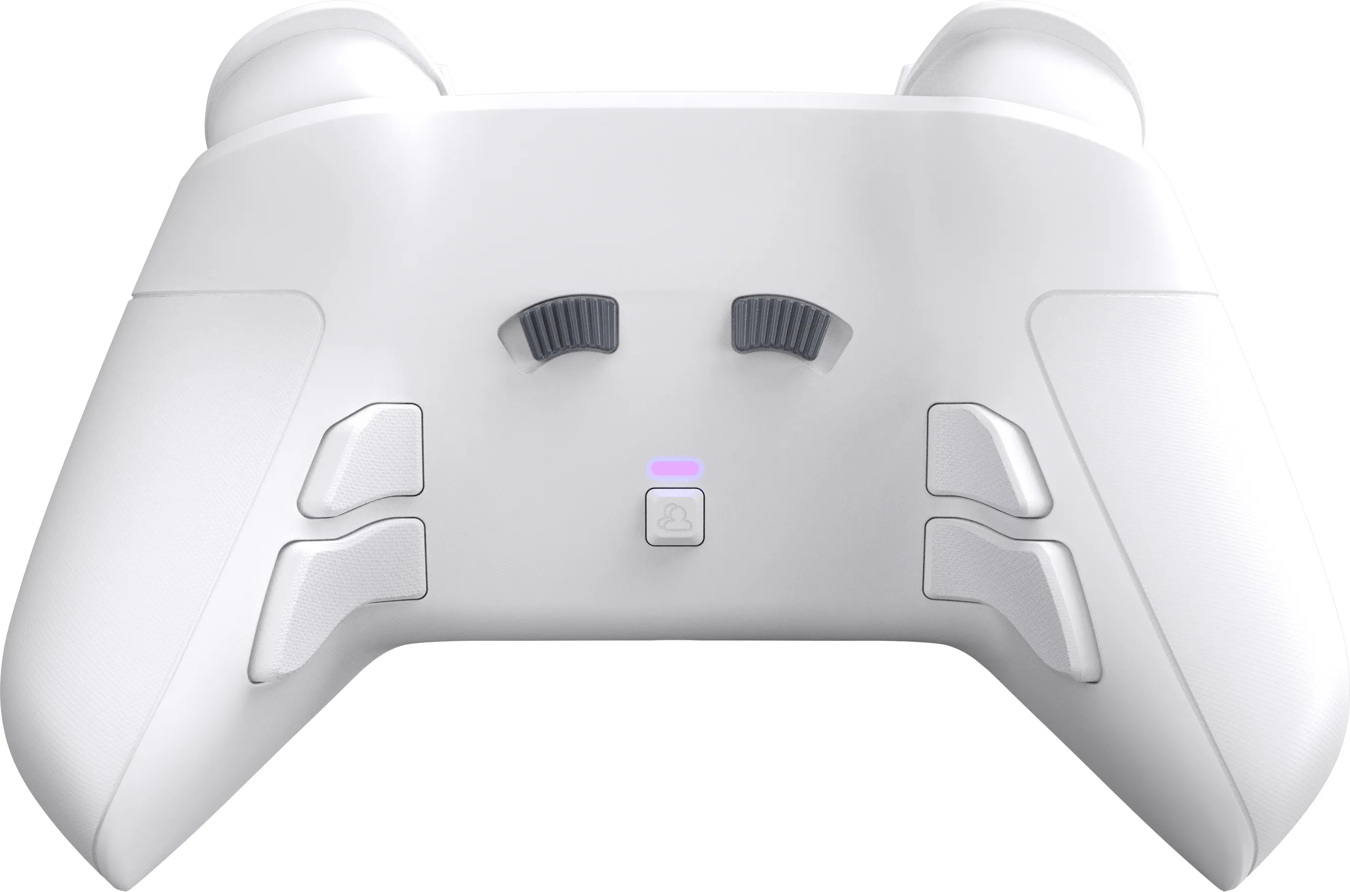 Ein weißer Gamecontroller mit Knöpfen, Joysticks und einem Licht auf weißem Hintergrund.