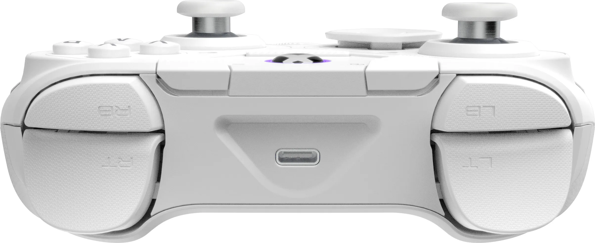Ein weißer Gamecontroller wird gezeigt. Er hat Knöpfe, Auslöser und Thumbsticks. Der Controller befindet sich auf weißem Hintergrund.