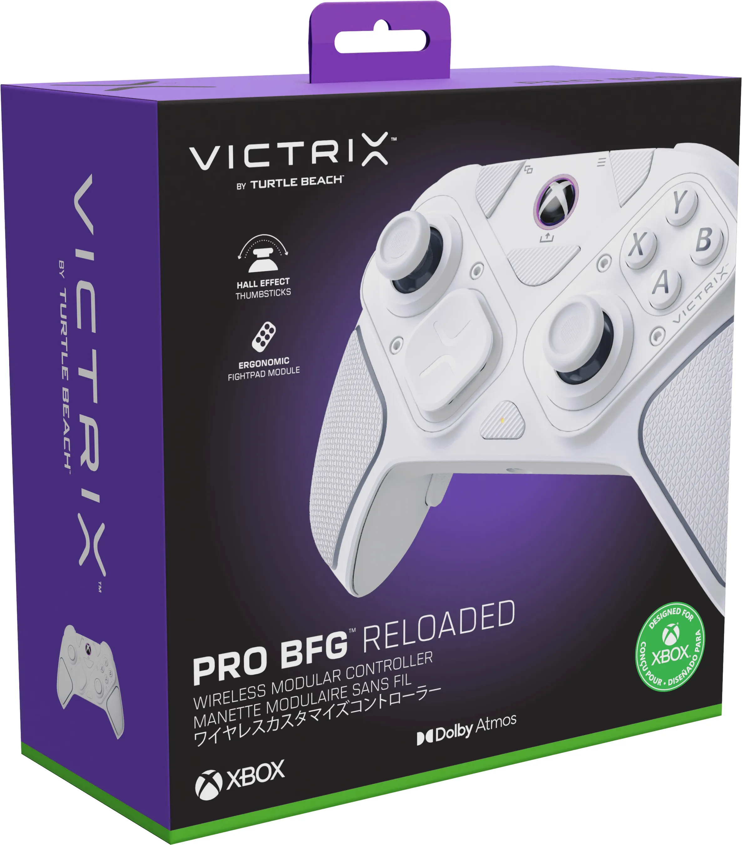 Schachtel mit weißem Victrix Pro BFG-Controller für Xbox. Merkmale: Thumbsticks, ergonomisches Design. Lila, Schwarz und Grün.
