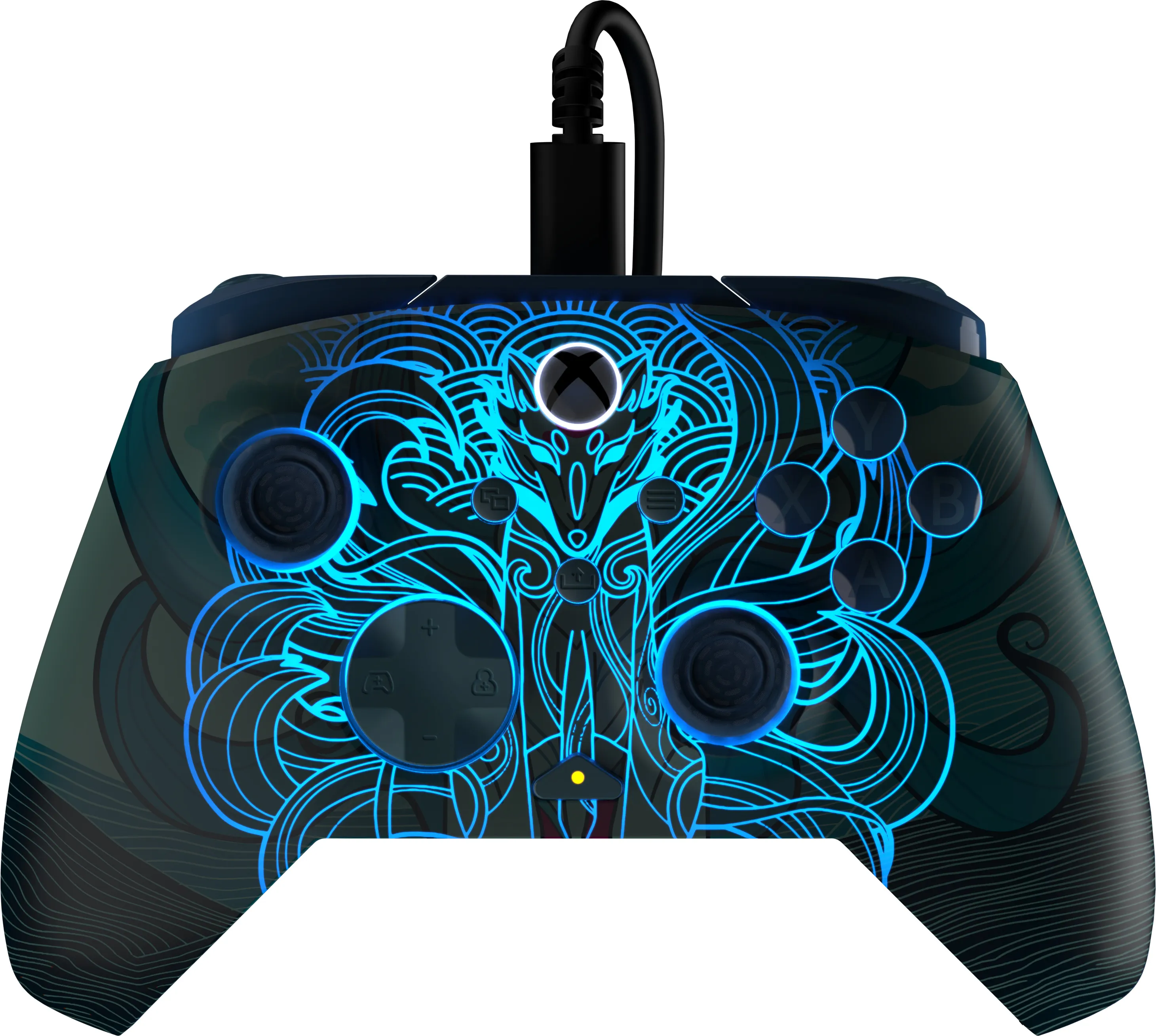 Xbox-Controller mit blauem Fuchsmotiv und Knöpfen, schwarzes Kabel. Dunkelgrünes und schwarzes Farbschema.