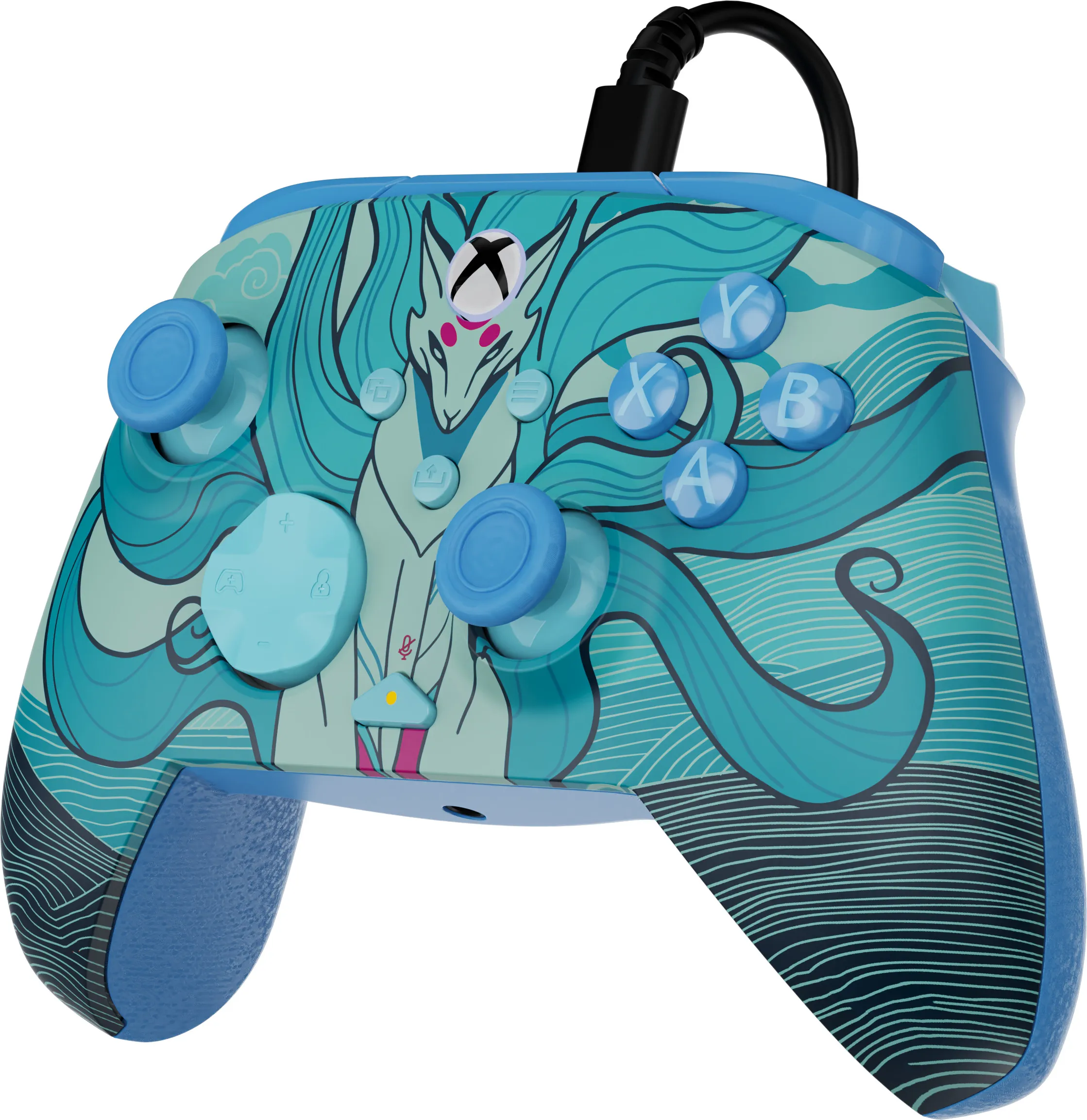 Xbox-Controller mit blauem und türkisem Design. Es hat eine drachenartige Figur und mehrere Knöpfe.