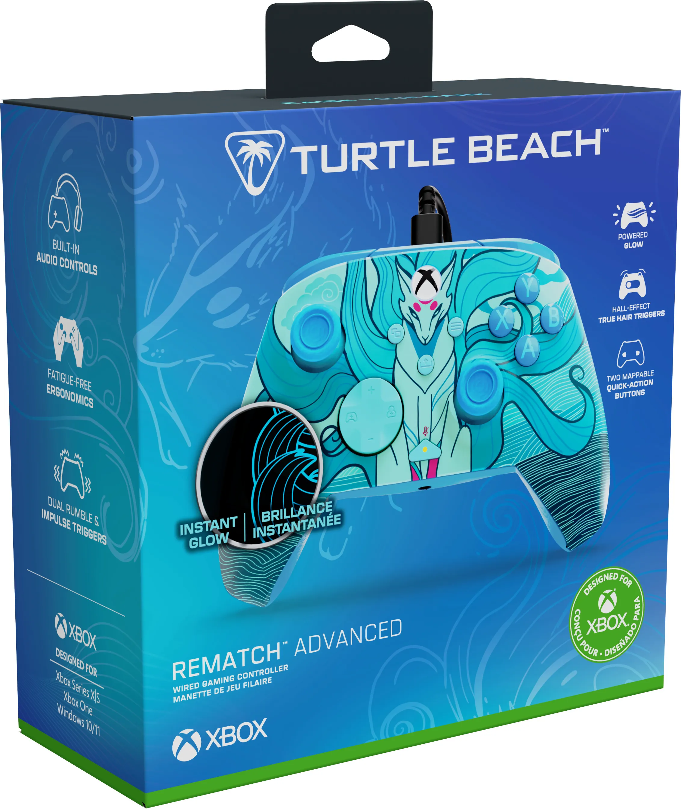 Schachtel für einen Turtle Beach Xbox-Controller. Sie ist blau mit einem Controller-Bild und Funktionen.