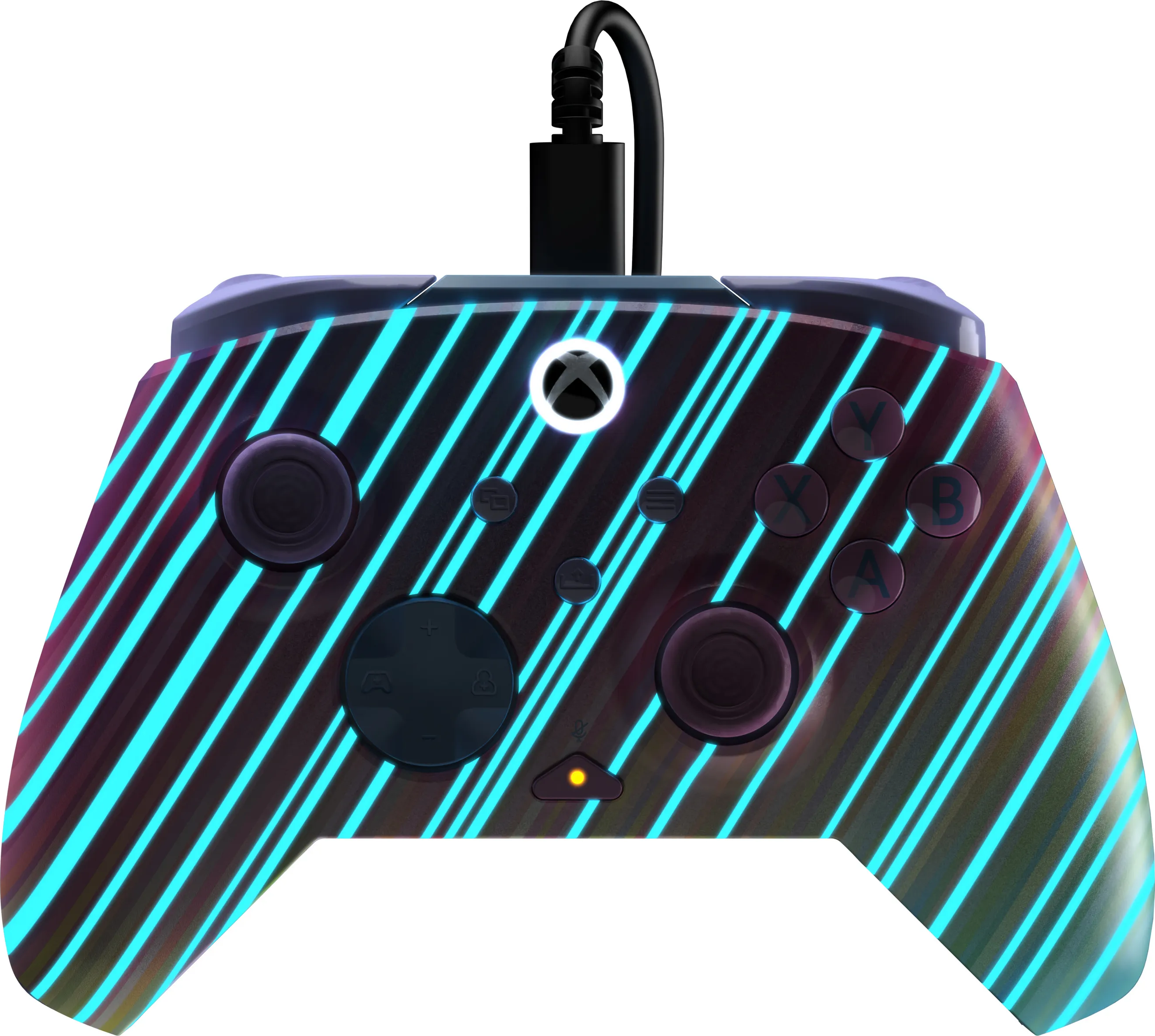 Xbox-Controller mit blauen Streifen, schwarzen Knöpfen und einem schwarzen Kabel. Das Controller hat ein Xbox-Logo.