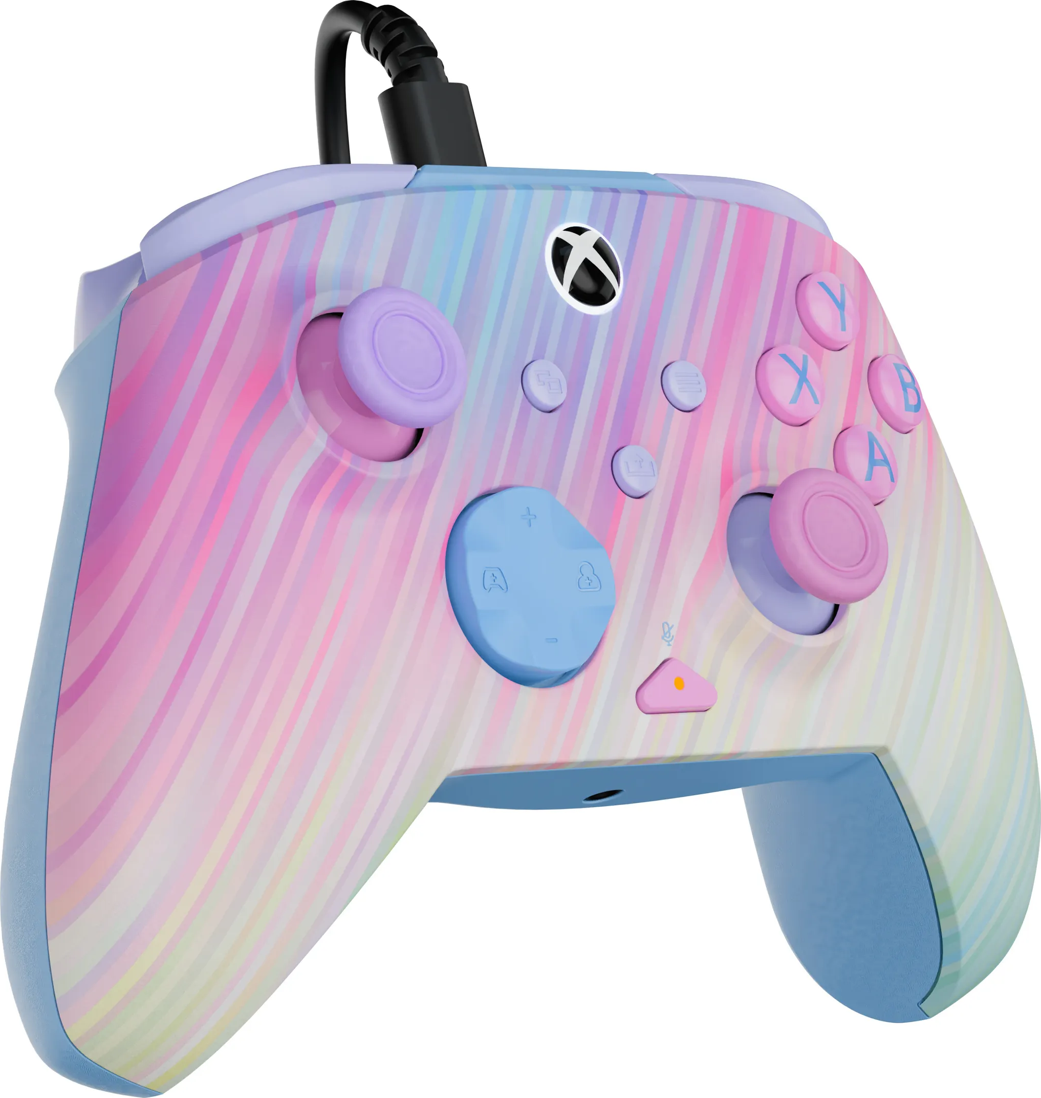 Xbox-Controller mit Regenbogenmuster. Es hat Knöpfe und Sticks. Das Kabel ist schwarz.