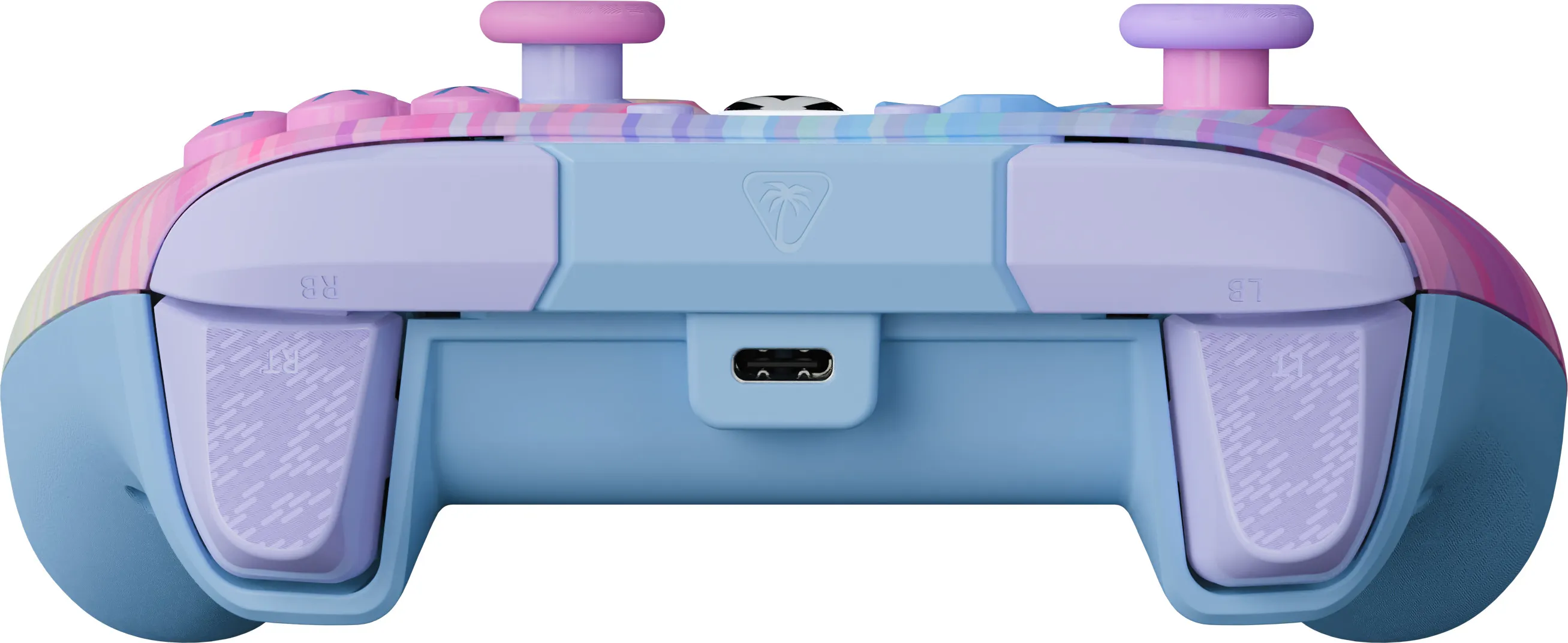 Ein farbenfroher Game-Controller mit rosa, lila und blauen Farbtönen. Es hat Knöpfe, Joysticks und einen USB-Anschluss. Das Design ist auffällig.