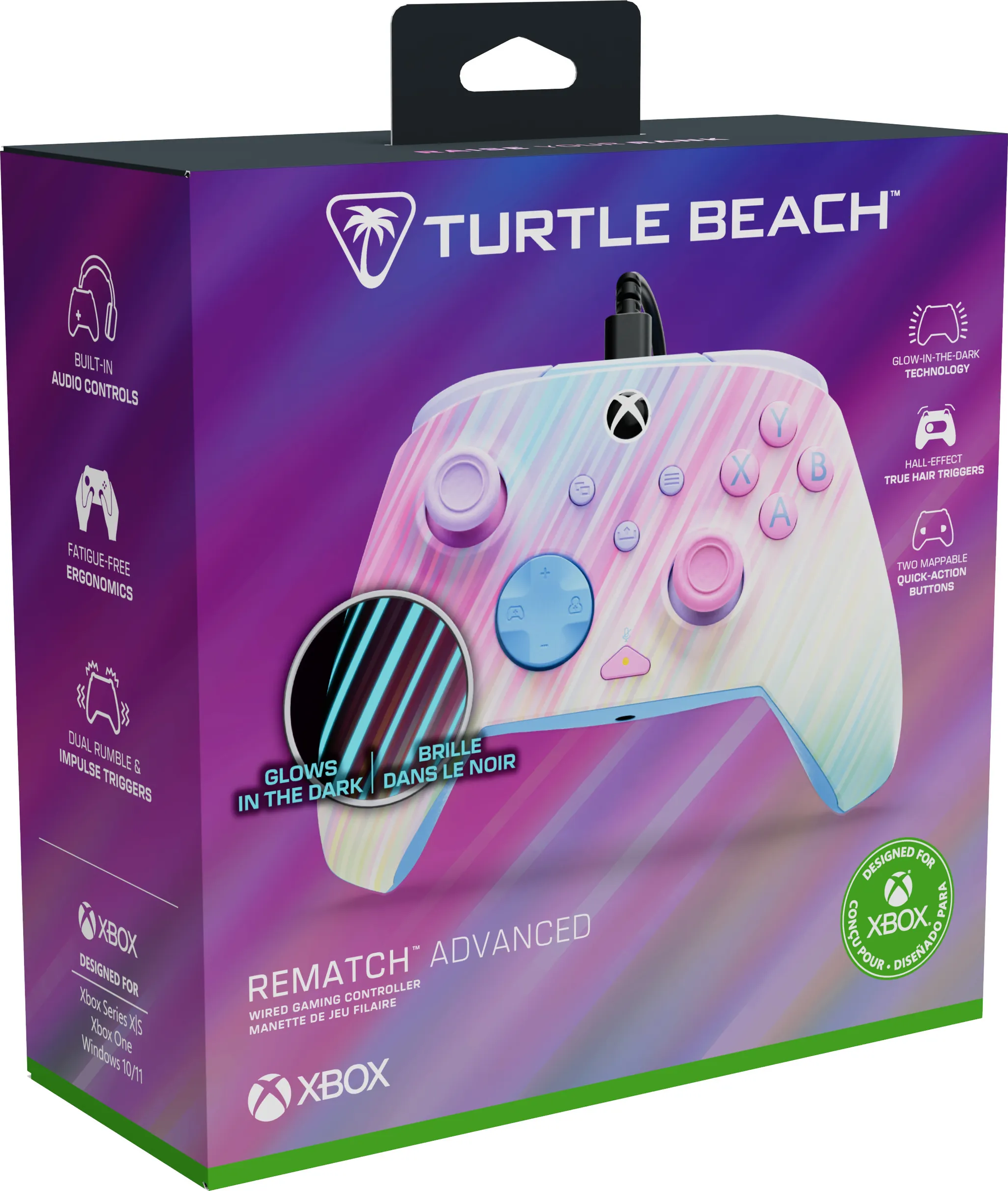 Box für Xbox-Controller. Mit Turtle Beach-Logo, Controller-Bild und Produktdetails. Hintergrund ist lila und rosa.