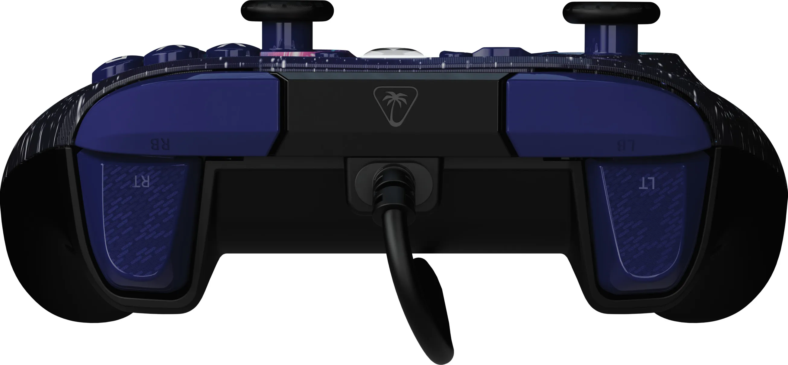 Nahaufnahme eines blau-schwarzen Gaming-Controllers mit Palmenlogo. Knöpfe und Trigger sind sichtbar.