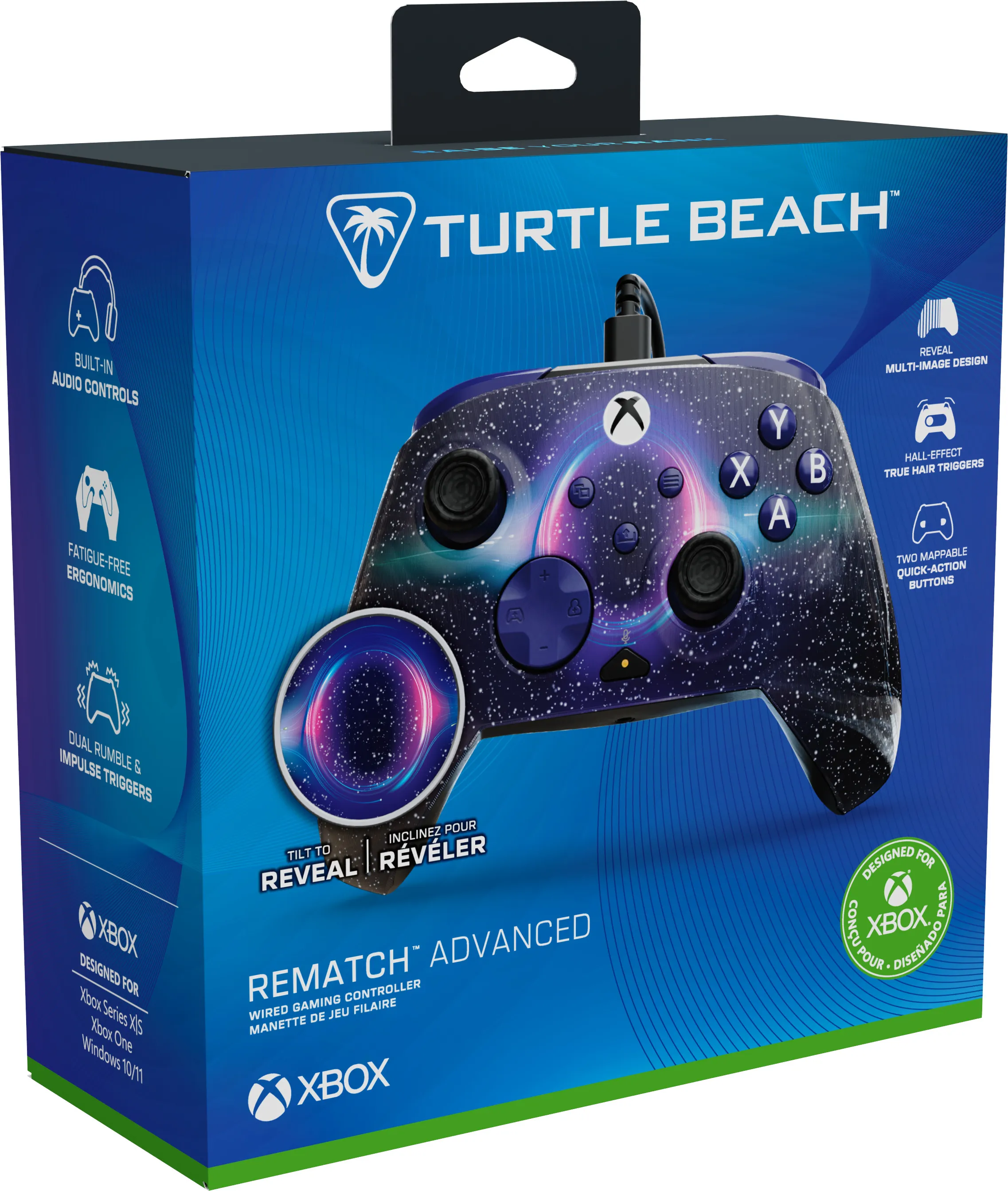 Schachtel für einen Turtle Beach Rematch Xbox-Controller. Der Controller ist schwarz mit Galaxiemuster.