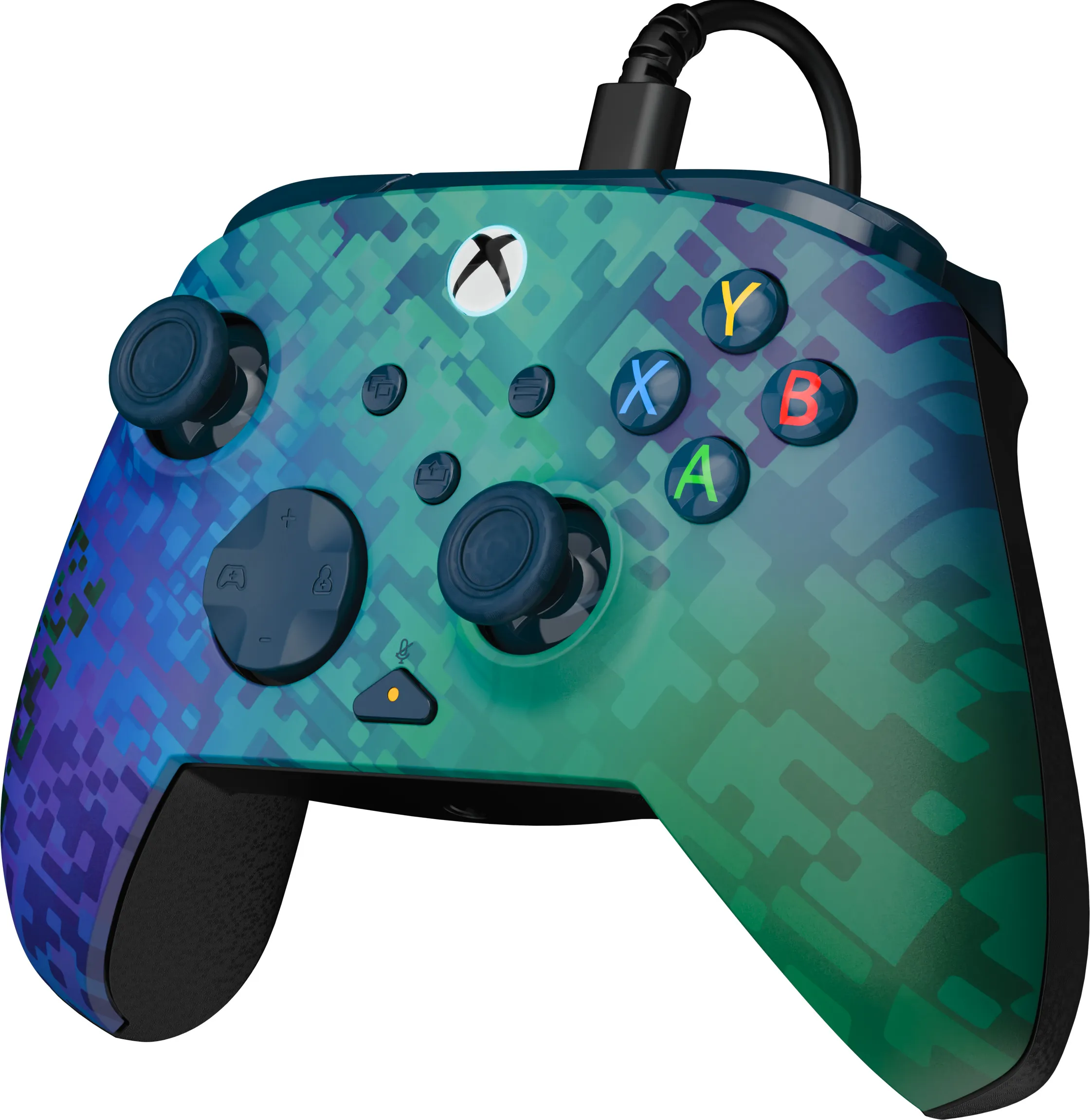 Xbox-Controller mit blauem, grünem und lila pixeligem Tarnmuster. Hat schwarze Knöpfe und ein schwarzes Kabel.
