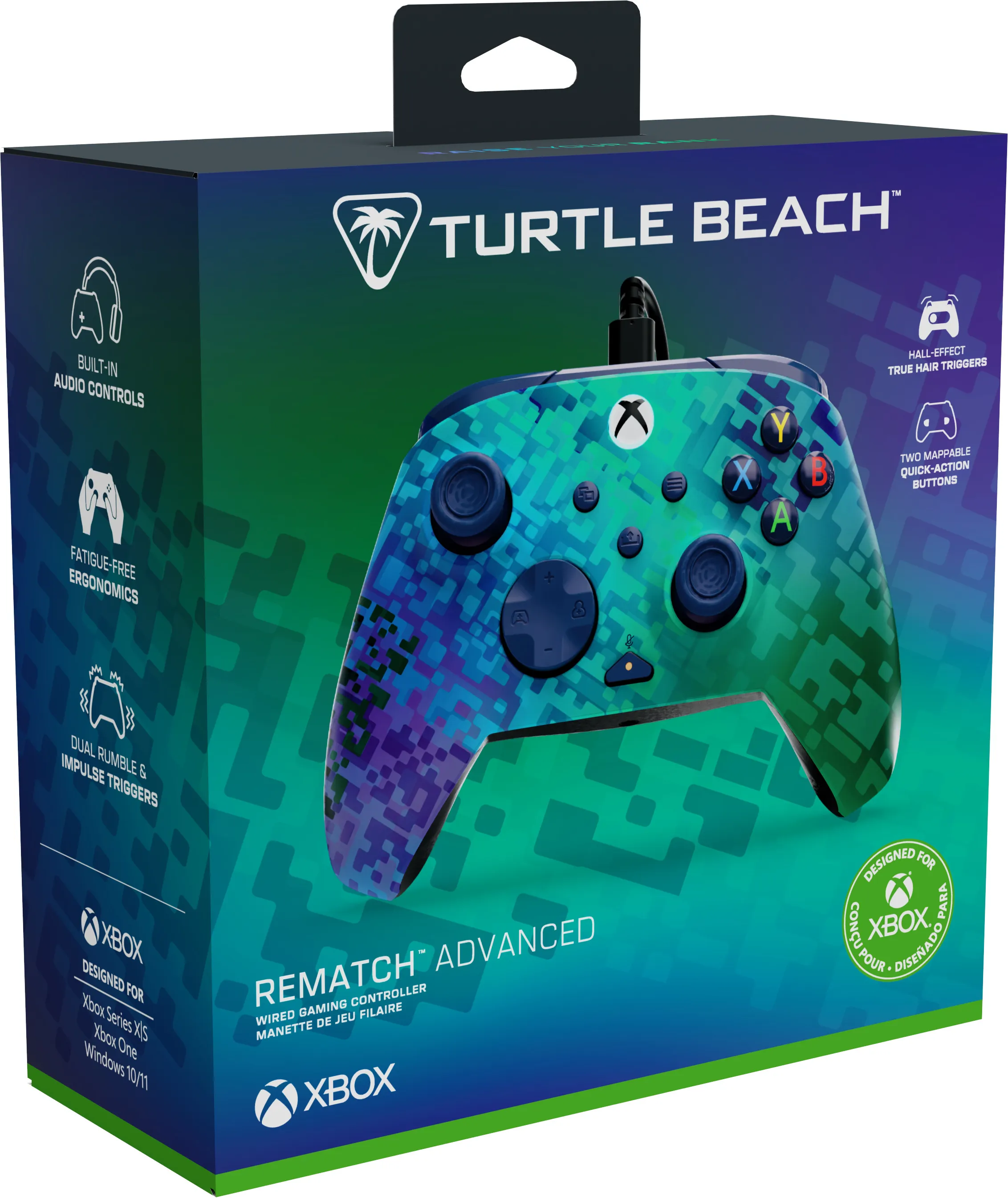 Schachtel für einen Turtle Beach Xbox-Controller. Controller ist blau und grün pixeliert. Verfügt über integrierte Audiosteuerung.