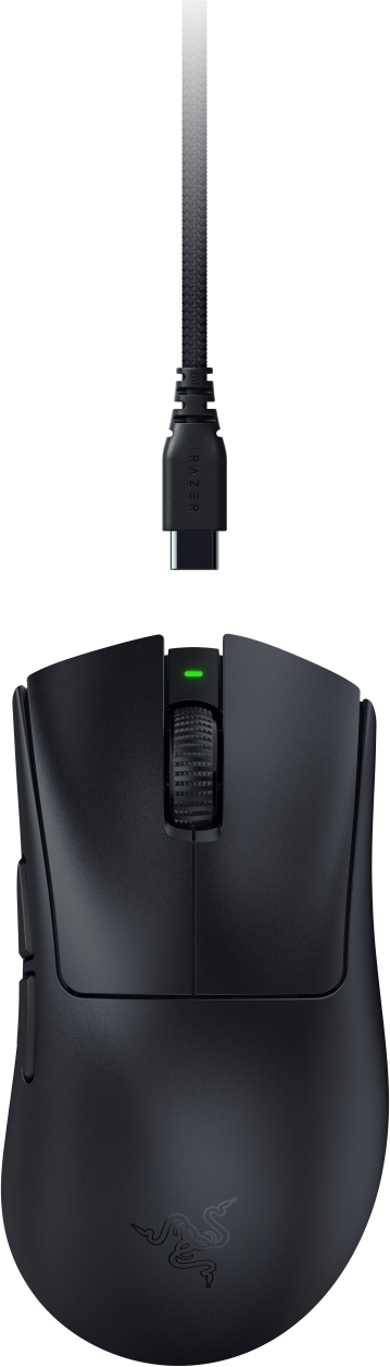 Schwarze Razer-Gaming-Maus mit angeschlossenem Kabel und USB-C-Anschluss. Mit Scrollrad, Seitentasten und beleuchtetem Logo.