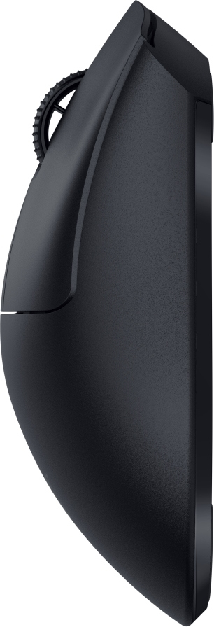 Seitenansicht einer schwarzen Computermaus. Sie hat eine strukturierte Oberfläche, ein Scrollrad und ein schlankes, ergonomisches Design.