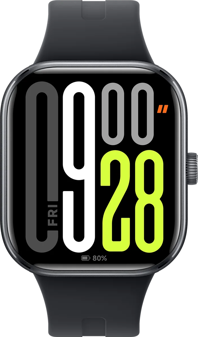 Une montre connectée affiche 9h28. L'écran montre l'heure, le niveau de batterie et le jour. La montre a un bracelet noir et un cadre argenté.