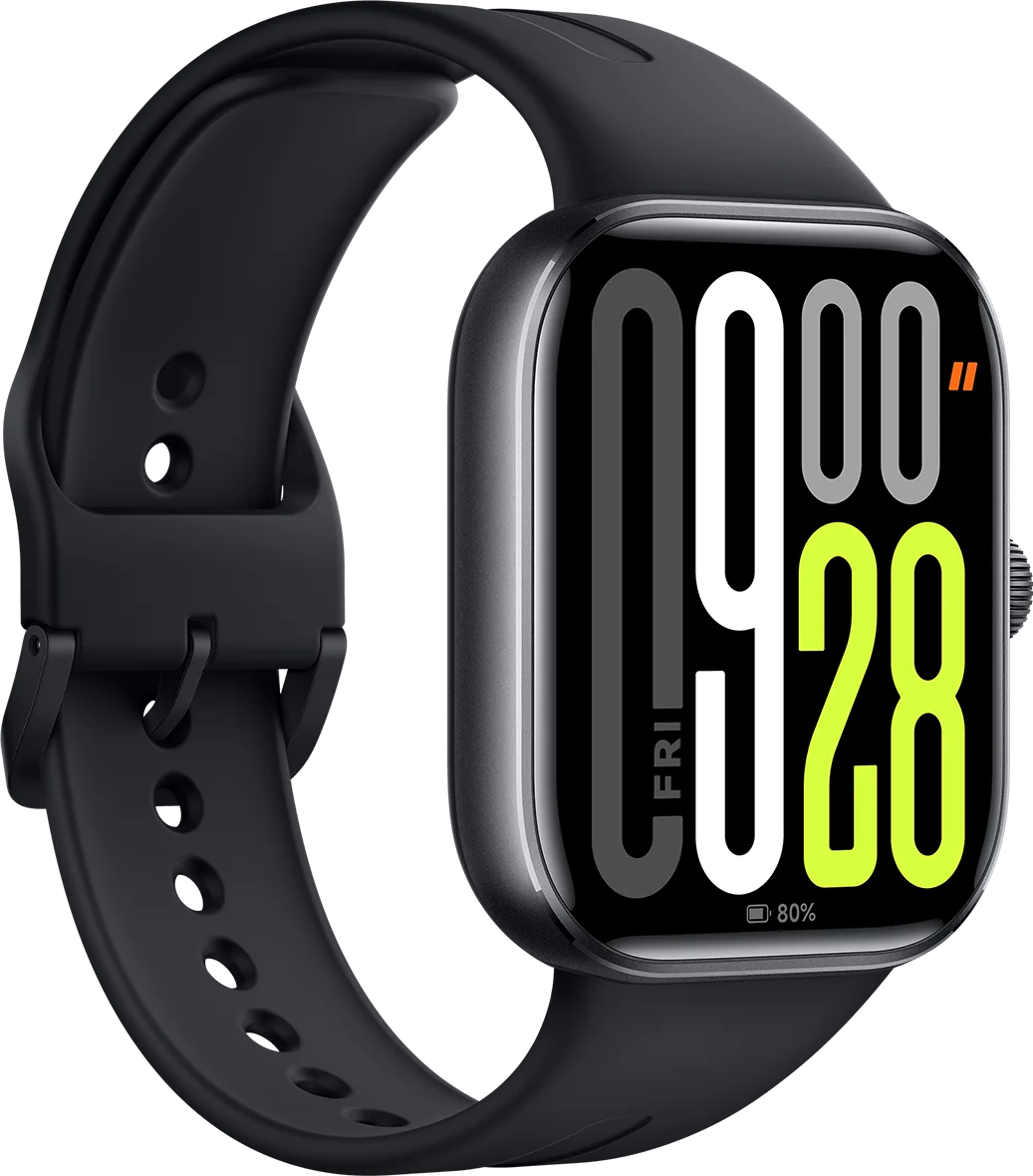 Montre intelligente noire avec affichage numérique de l'heure. La montre a un bracelet noir et un fond sombre.