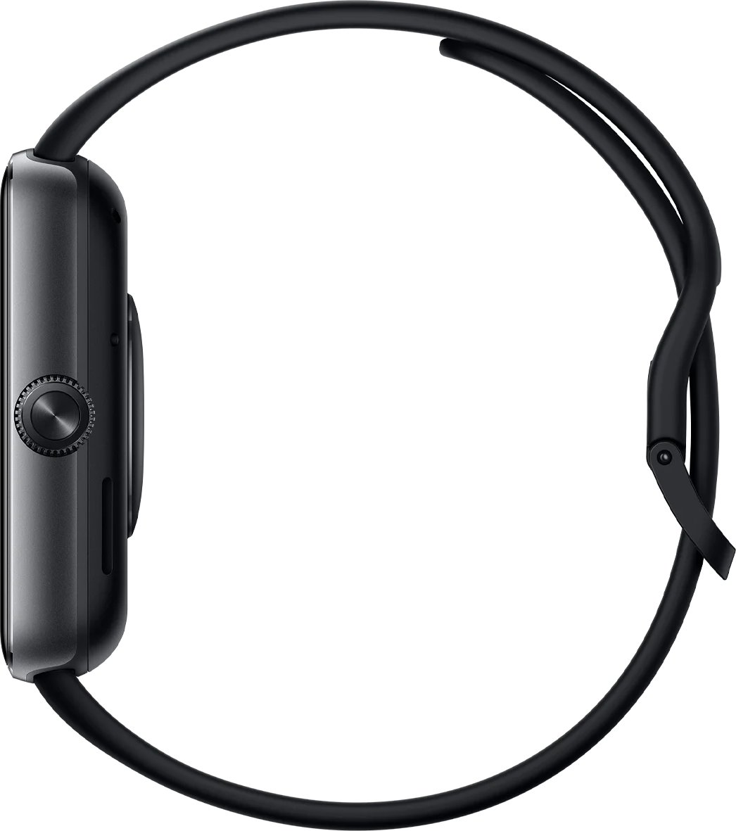 Vue latérale d'une montre connectée noire avec bracelet noir. La montre a un corps gris métallique et une couronne rotative.