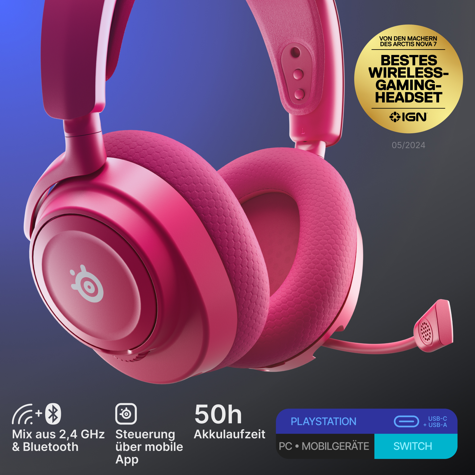 Rosa Gaming-Headset mit Mikrofon. Merkmale sind drahtlose Konnektivität, 50h Akkulaufzeit und Kompatibilität mit verschiedenen Geräten.